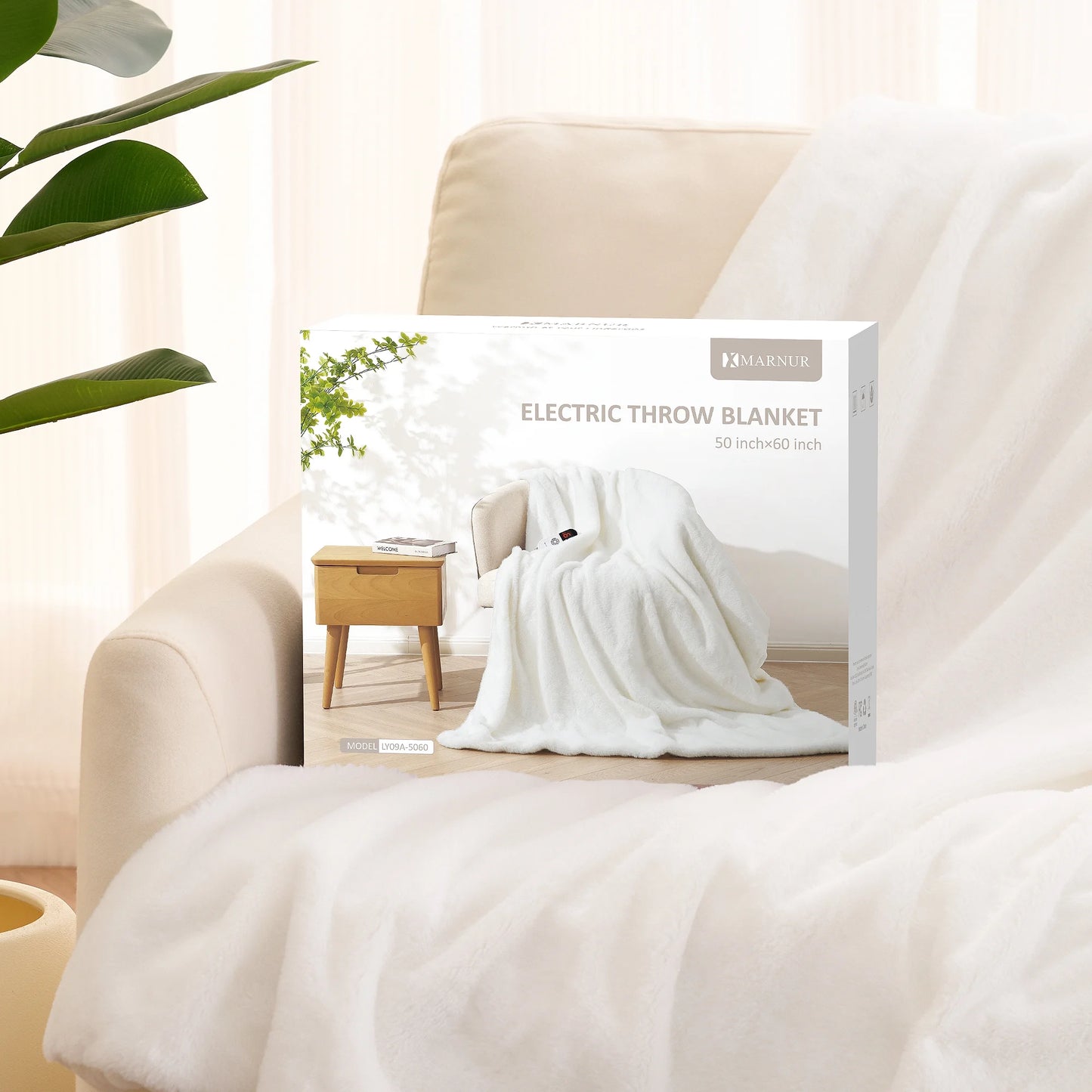 MARNUR 50"x60" Electric Blanket, Soft Faux Fur, 6 Heating Levels, 4-Hour Timer, White