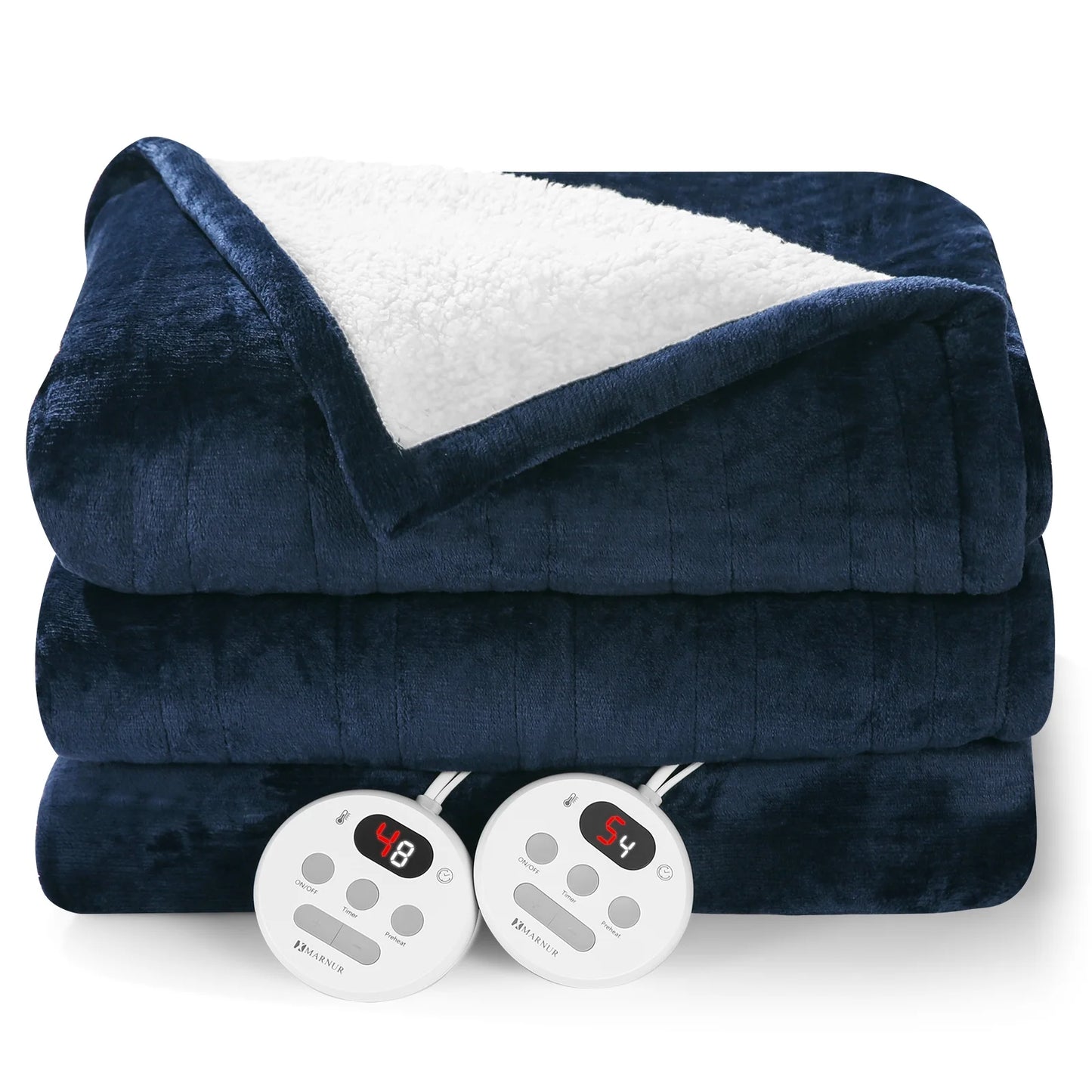 MARNUR Electric Heated Blanket King Size 90''x100'', Fast Heating with Dual Controllers, 10 Heating Levels, 10H Timers, Preheat Function Machine Washable - Dark Blue