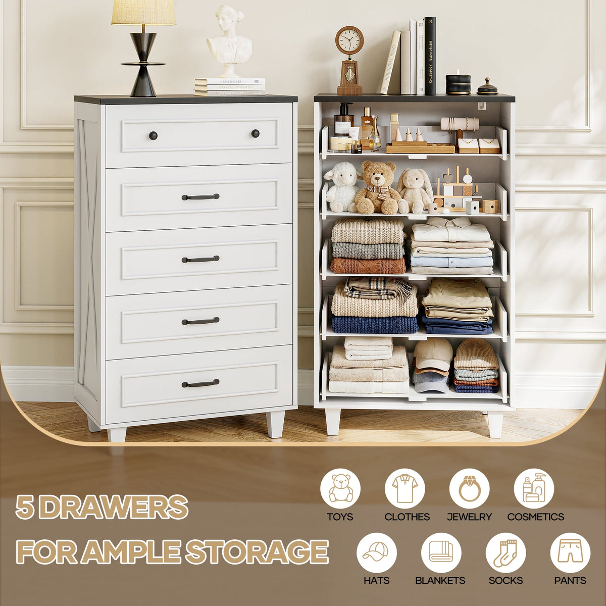 MARNUR 5 Drawer Dresser for Bedroom, Classic Farmhouse Tall Chest of Drawers, Storage Cabinet for Living Room Entryway, White & Black
