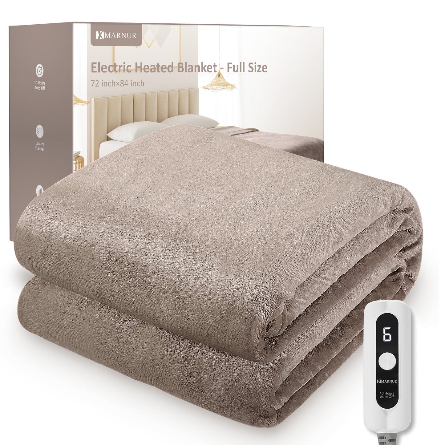 MARNUR Electric Blanket 72" x 84" Full Size Heated Blanket, Fast Heating, 6 Heating Levels, 10H Auto-off, Machine Washable - Linen