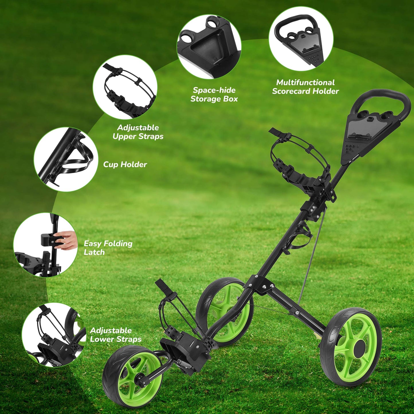 Folding 3 Wheels Golf Pull Push Cart with Scoreboard Adjustable Handle, Green