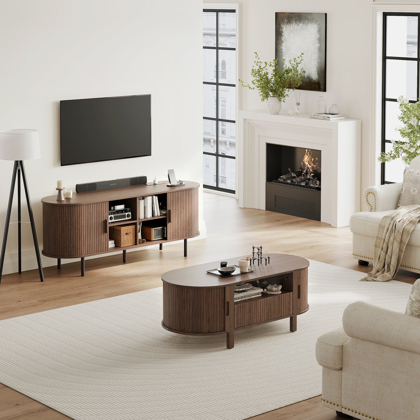 MARNUR 55" TV Stand for 60" TV, Wood Entertainment Center with Storage and Shelves, 2 Sliding Tambour Doors, Mid-Century Modern