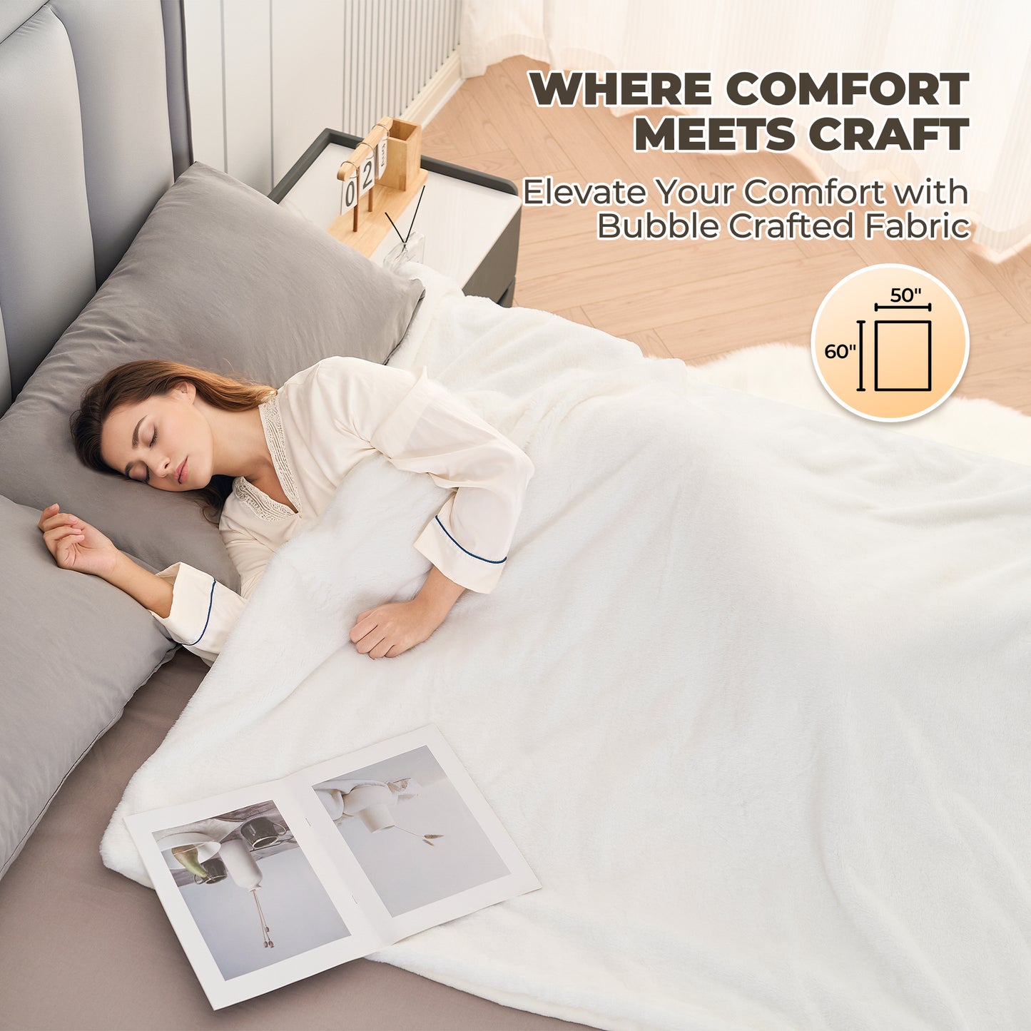 MARNUR Electric Throw Blanket 50"x60", Soft Faux Fur, 6 Heating Levels, 4 Hours Timer, White