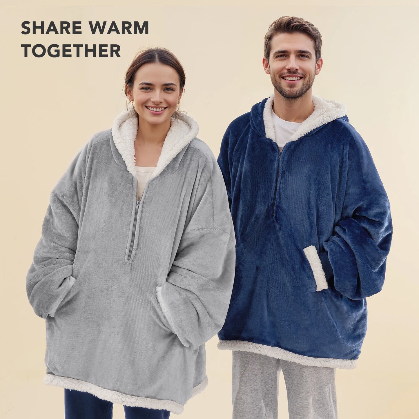 MARNUR Wearable Blanket Hoodie for Men, Women, Flannel and Shu Velvet - Gray