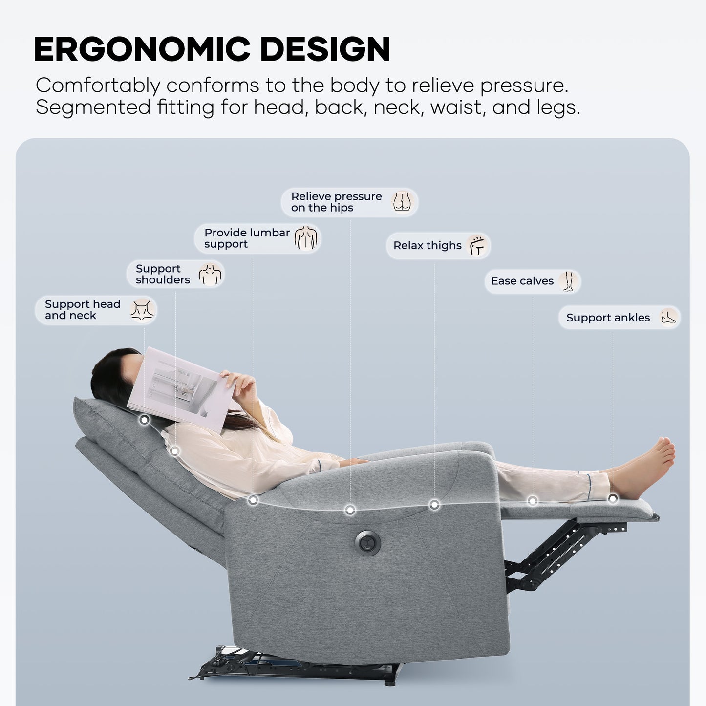MARNUR Electric Recliner Chair with USB Charge Port, Weight Capacity 360lb, One Button Free Control Angle, Gray