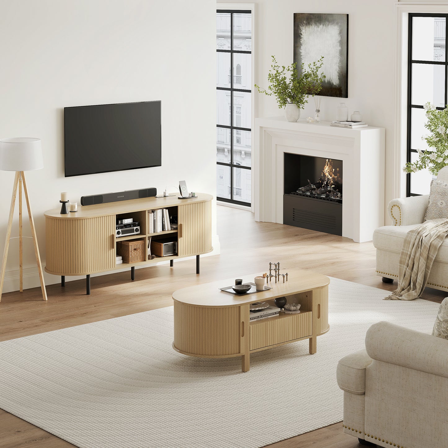 MARNUR 55" TV Stand for 60" TV, Wood Entertainment Center with Storage and Shelves, 2 Sliding Tambour Doors, Mid-Century Modern, Oak
