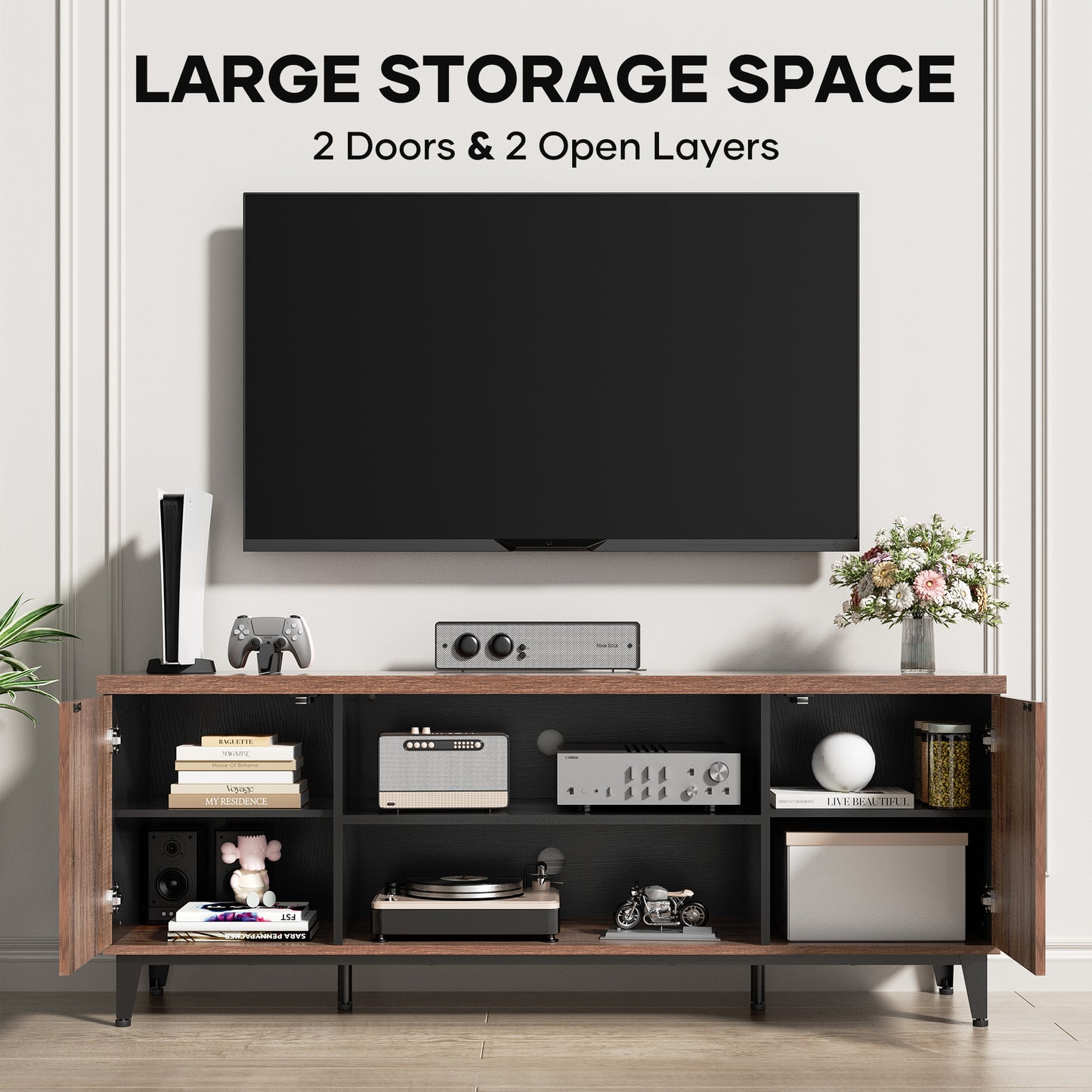 MARNUR 59" TV Stand for TVs up to 65", Entertainment Center Media Console Table with Storage, LED Light for Living Room, Mid-Century, Rustic Oak