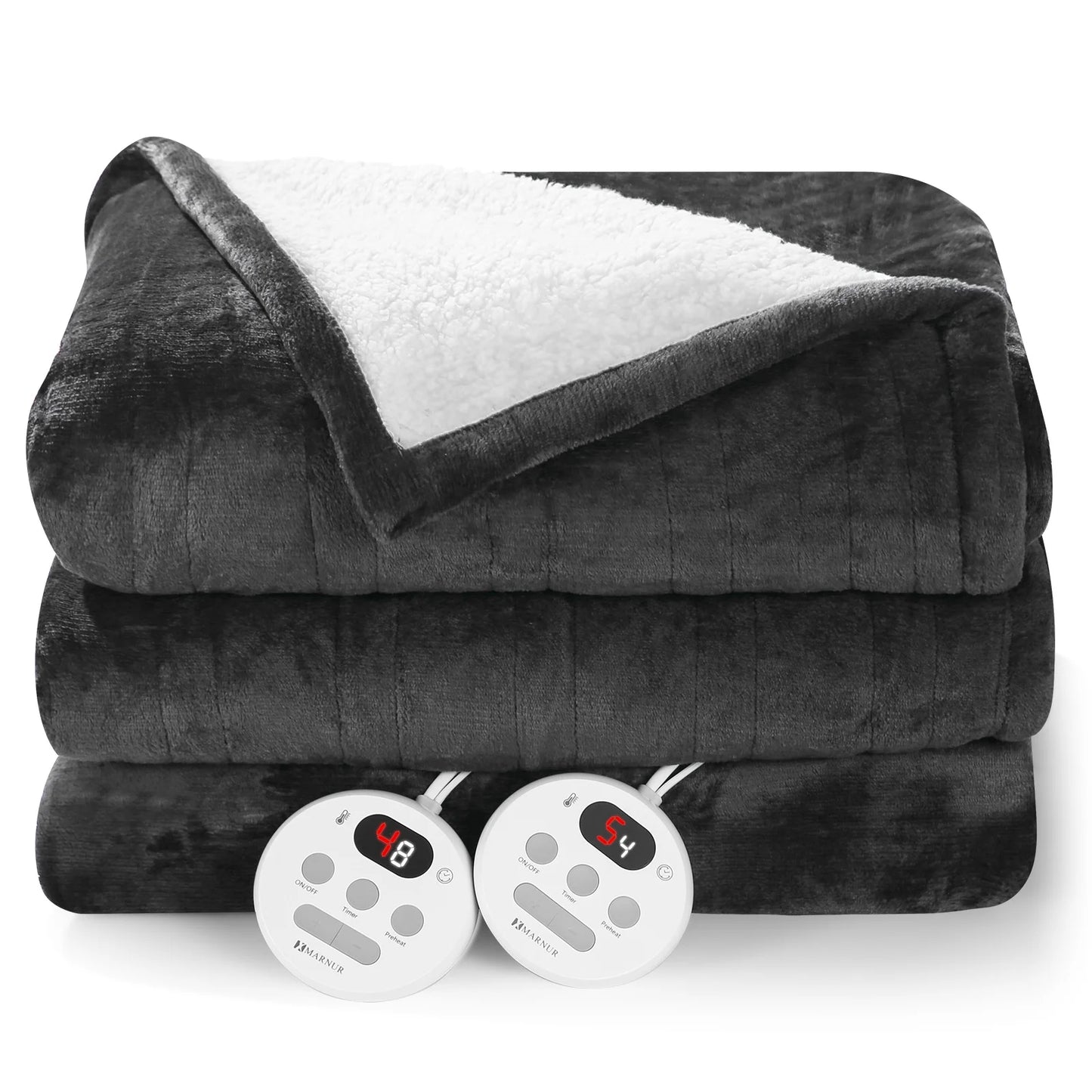 MARNUR Electric Heated Blanket King Size 90''x100'', Fast Heating with Dual Controllers, 10 Heating Levels, 10H Timers, Preheat Function - Dark Gray