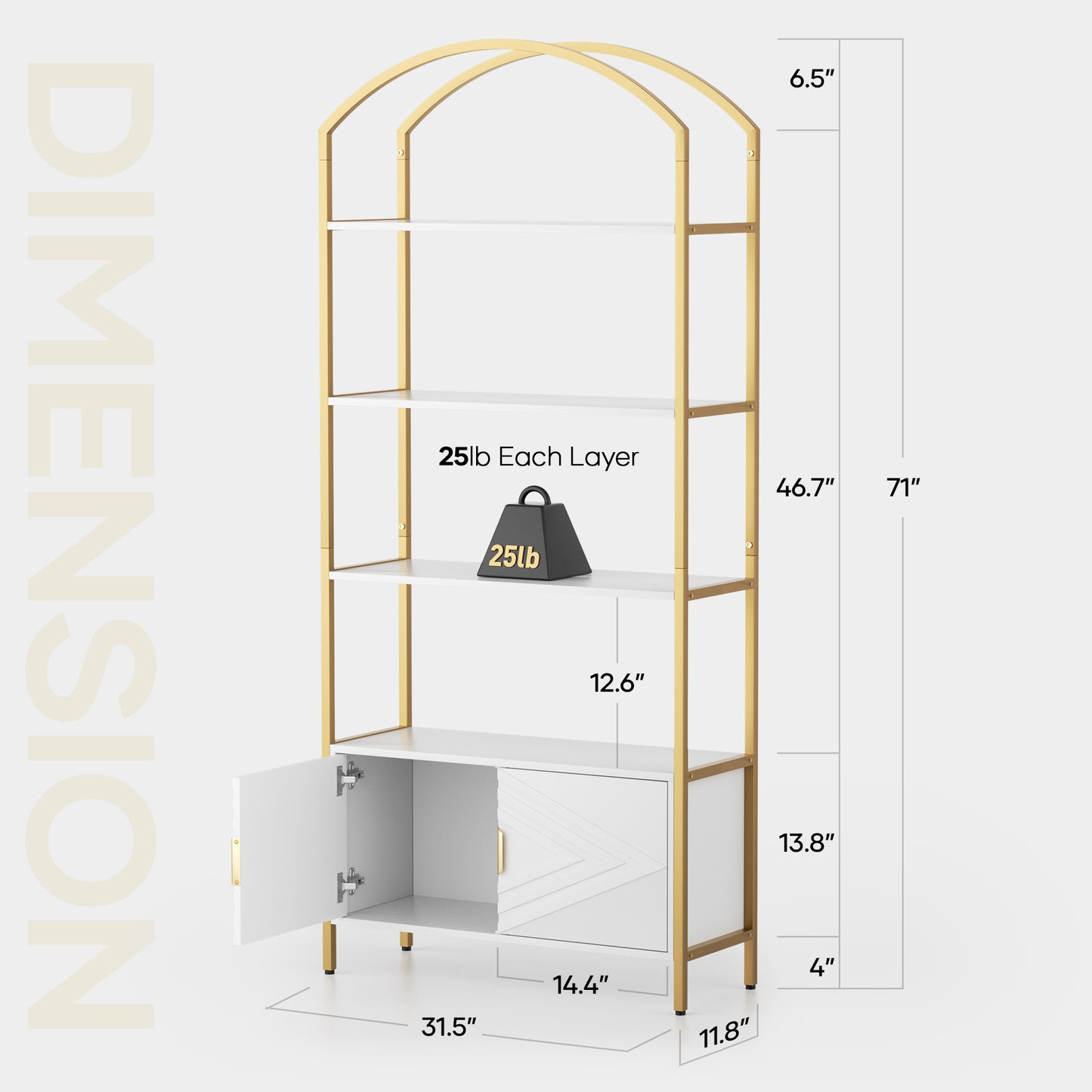 MARNUR 5-Tier Bookshelf, 71" Tall Bookcase with Storage Cabinet, Elegant Arched Gold Bookcase for Living Room Bedroom Home Office