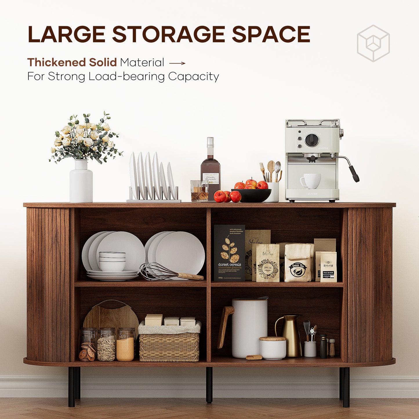 MARNUR Sideboard Buffet Cabinet 55" Storage Cabinet with 2 Sliding Tambour Doors, Adjustable Shelves for Office, Bedroom, Hallway, Entryway