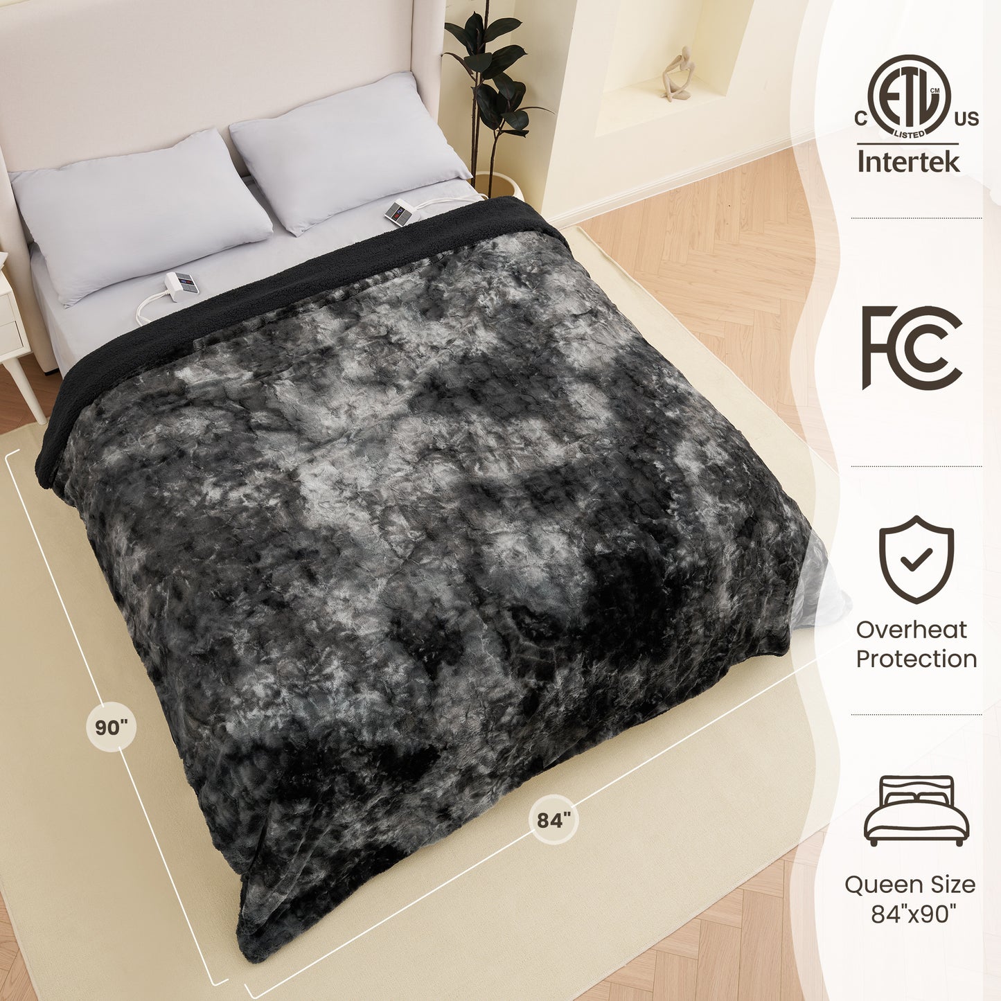 MARNUR Heated Blanket Queen Size, Faux Fur & Sherpa, Dual Controllers, 10 Heat Levels, 10H Timer, 84" x 90", Tie-Dye Black