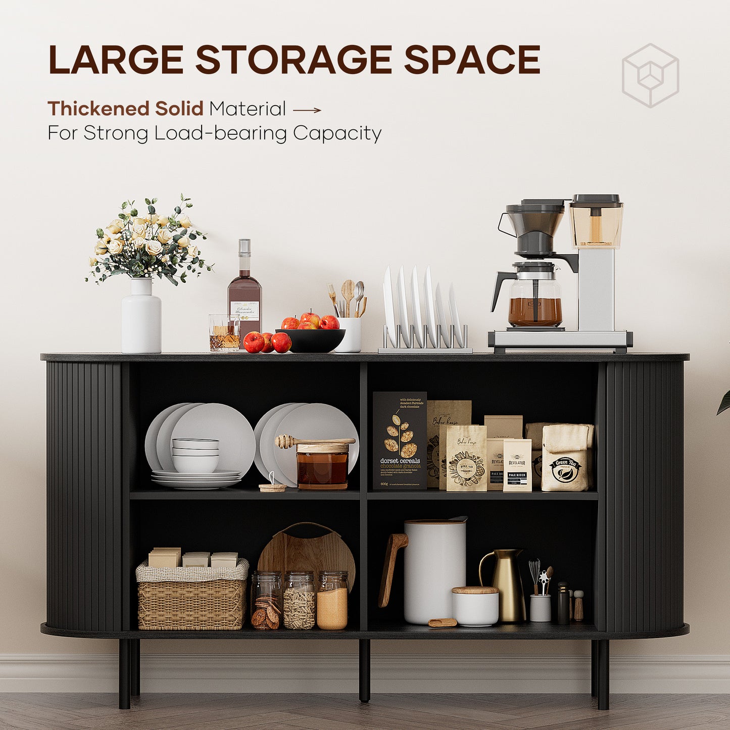 MARNUR Sideboard Buffet Cabinet 55" Storage Cabinet with 2 Sliding Tambour Doors, Adjustable Shelves for Kitchen Office Bedroom Hallway Entryway, Black