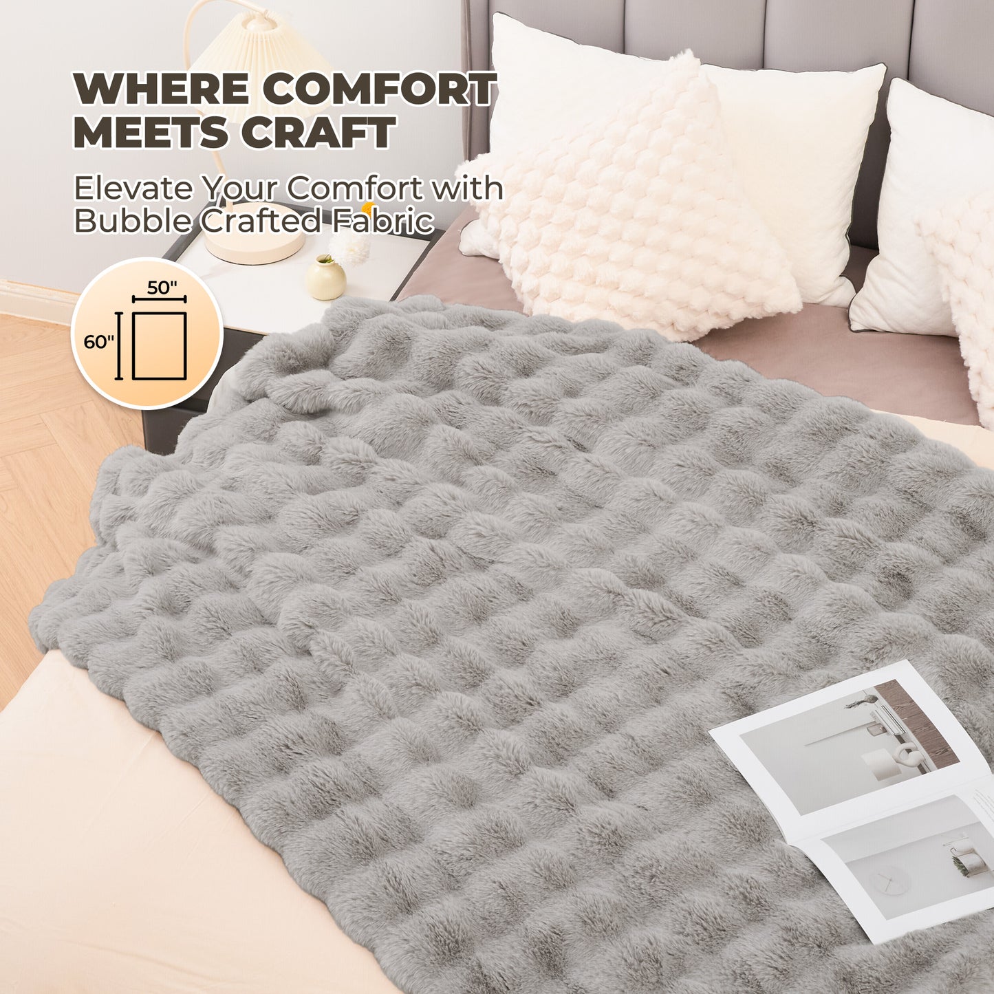 MARNUR Electric Throw Blanket 50"x60", Faux Fur Heated Throw, 6 Heating Levels, 4 Hours Timer, Gray