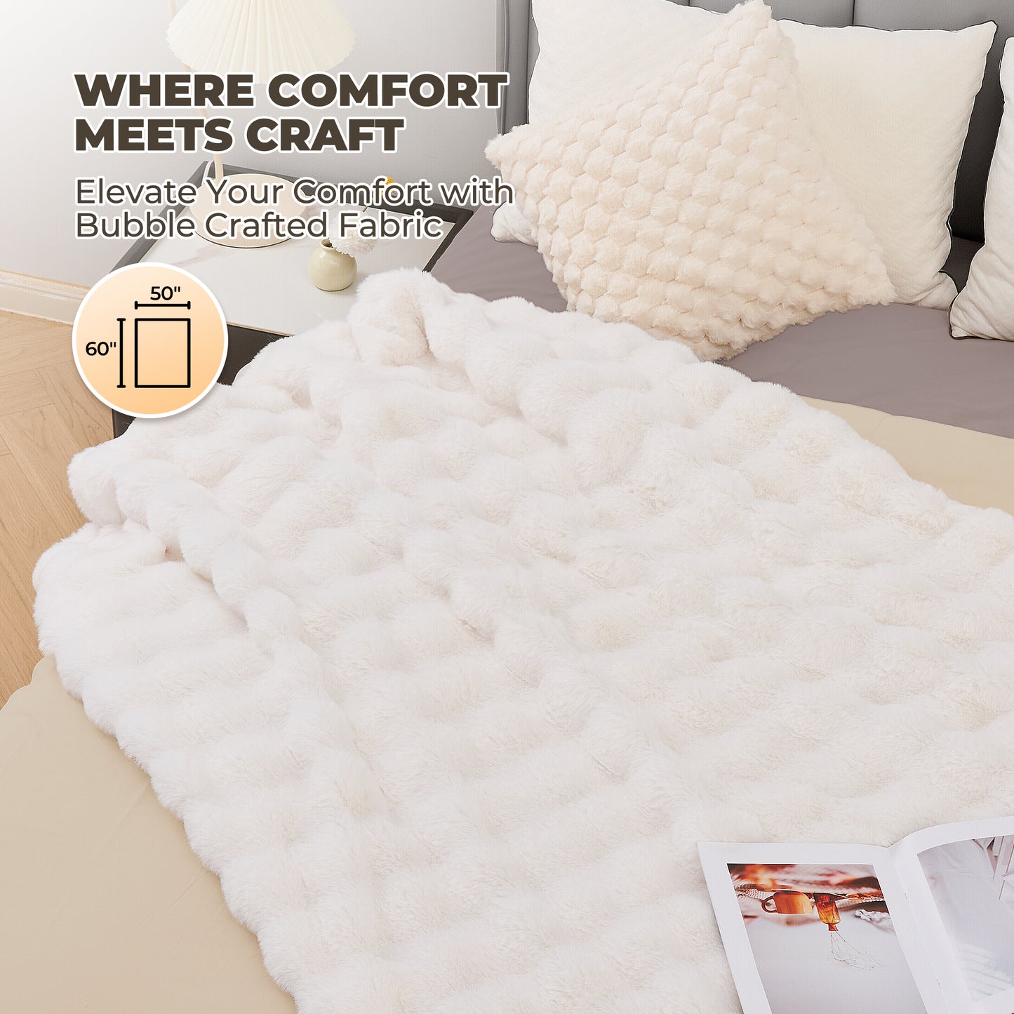 MARNUR 50"x60" Electric Blanket, Faux Fur Heated Blanket, 6 Heating Levels, 4-Hour Timer, White