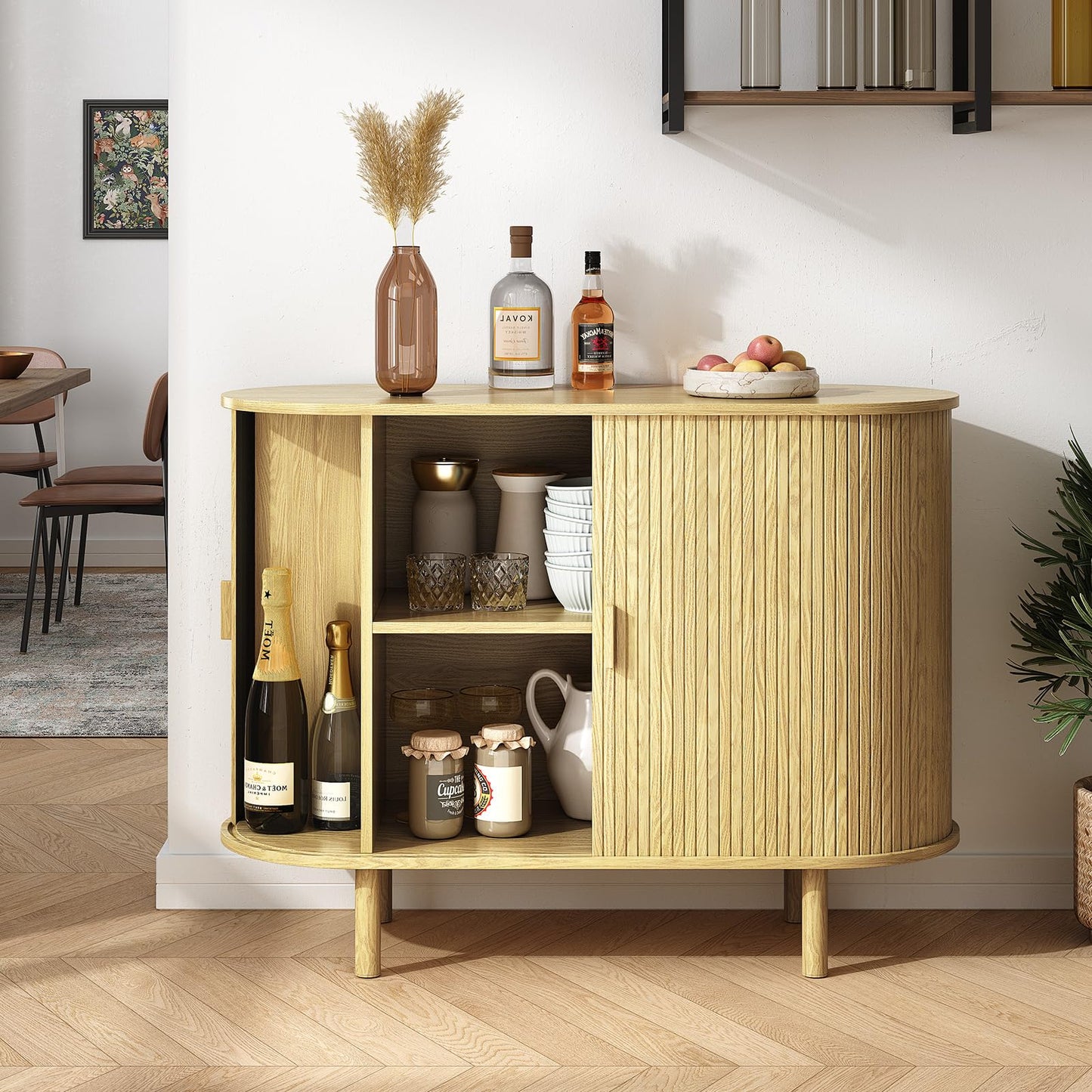 MARNUR Sideboard Buffet Cabinet 40" Storage Cabinet with 2 Sliding Tambour Doors, Adjustable Shelves for Office Bedroom Hallway Entryway, Oak