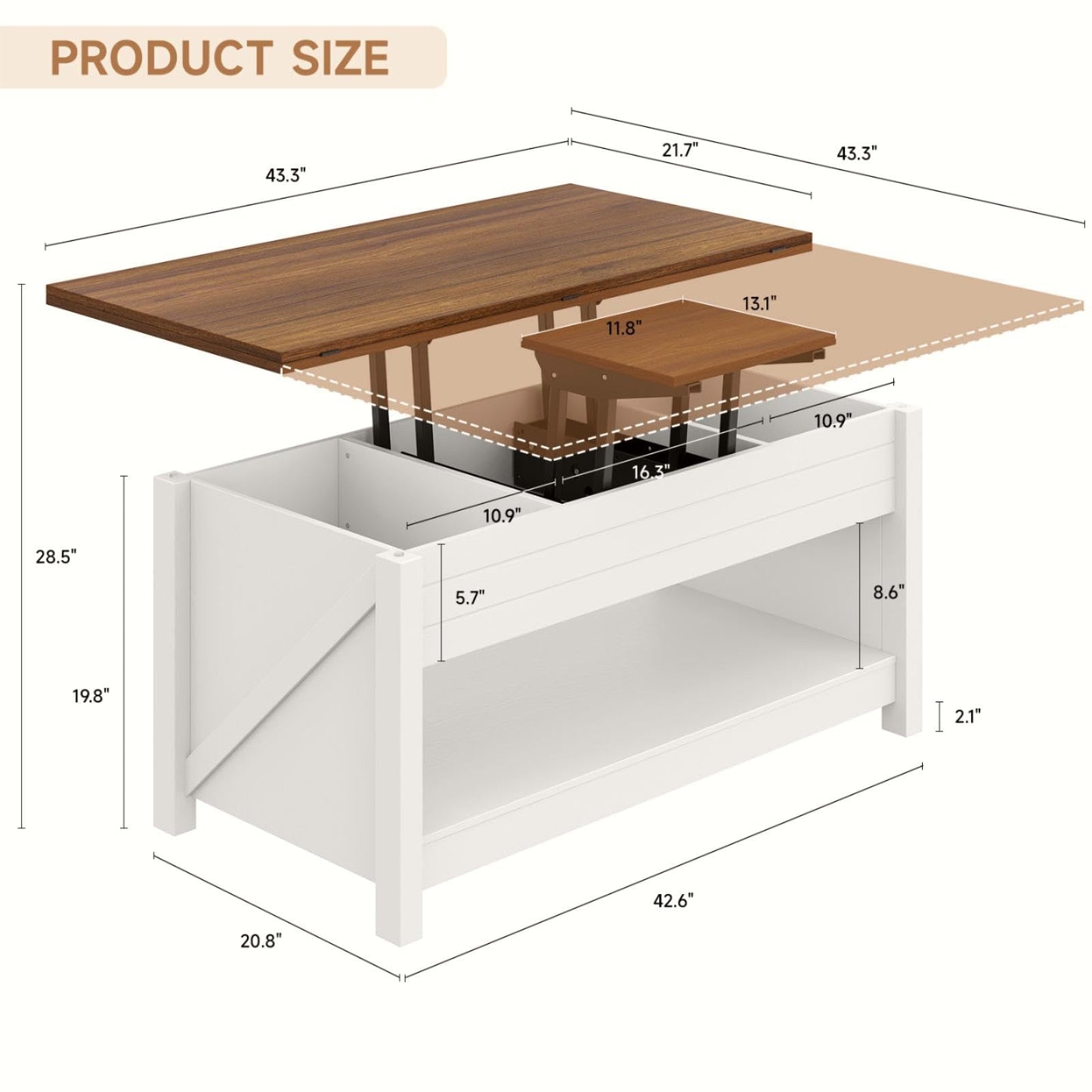 MARNUR Lift Top Coffee Table with Storage, Farmhouse Center Table for Living Room, Rectangle