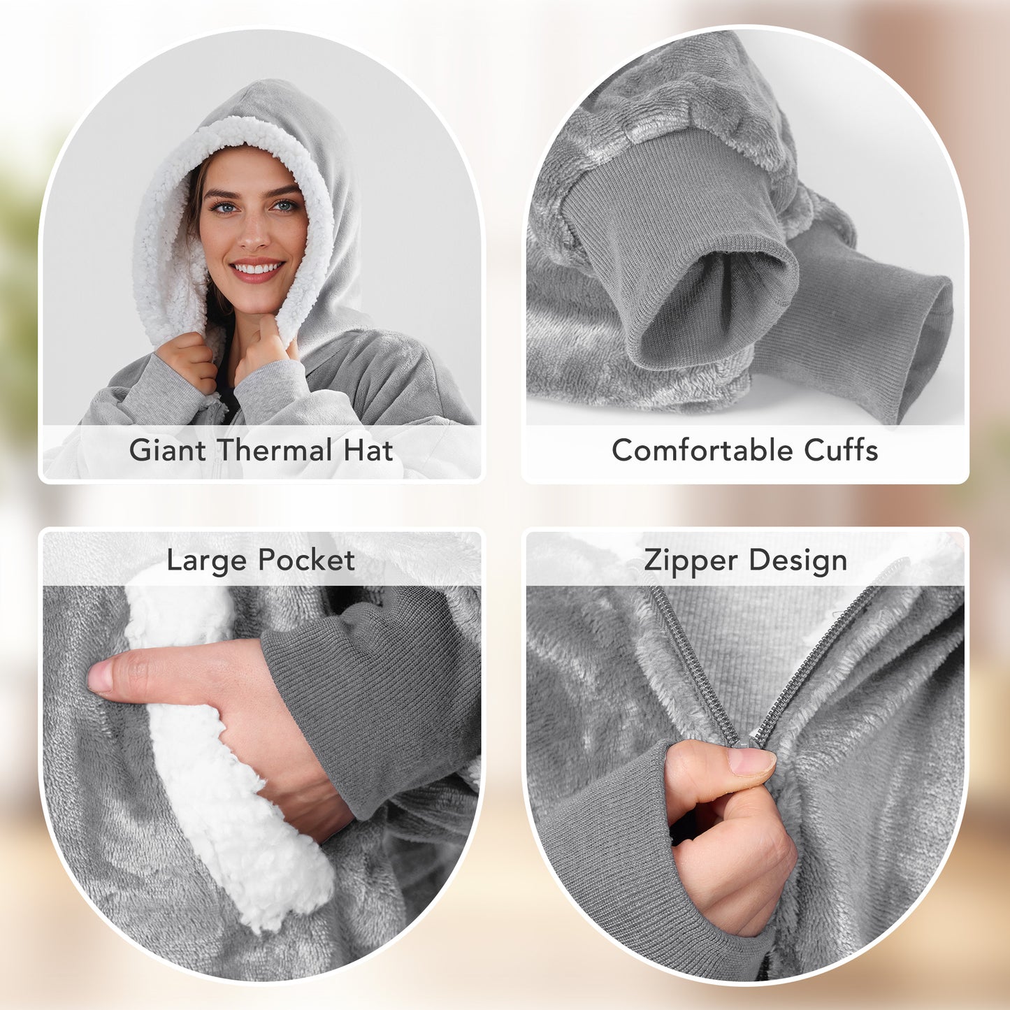 MARNUR Wearable Blanket Hoodie for Men, Women, Flannel and Shu Velvet - Gray