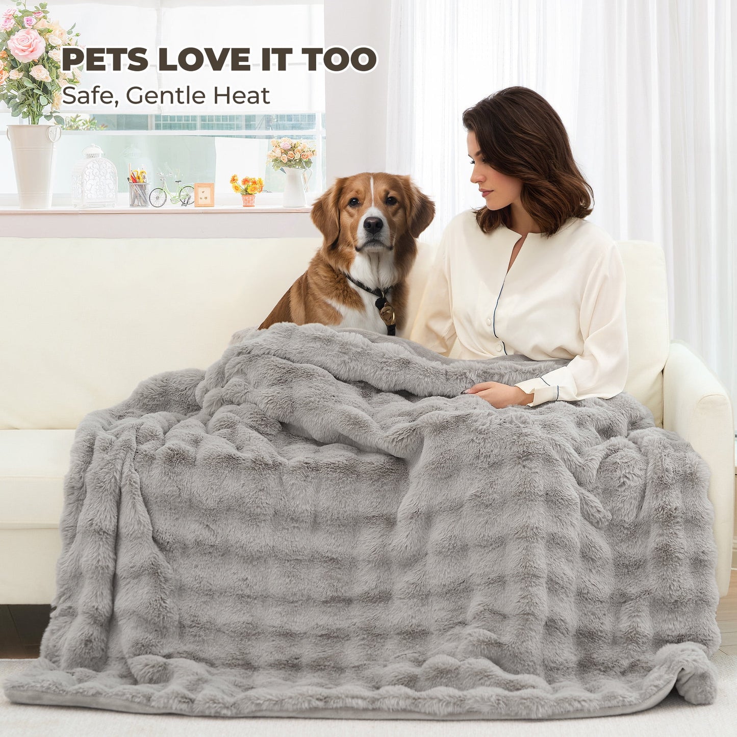 MARNUR 50"x60" Electric Blanket, Faux Fur Heated Blanket, 6 Heating Levels, 4-Hour Timer, Grey