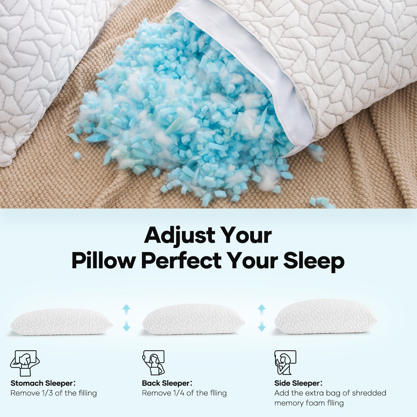 MARNUR Memory Foam Pillows for bed Queen Size, Height Adjustable Cooling Pillows for All Sleepers with Extra Shredded Foam, Dual-Sided Pillow Cover,2-Pack