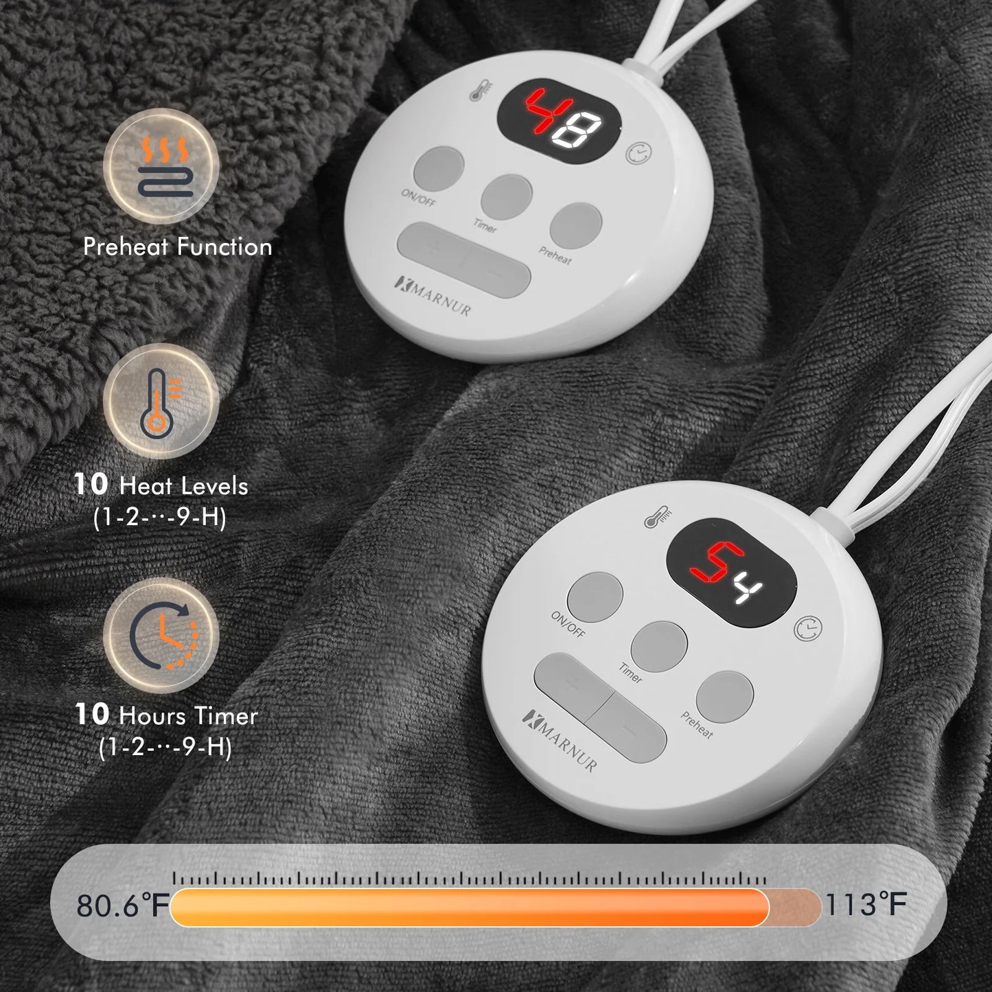 MARNUR Electric Heated Blanket Queen Size 84''x90'', Fast Heating with Dual Controllers, 10 Heating Levels, 10H Timers, Preheat Function - Gray