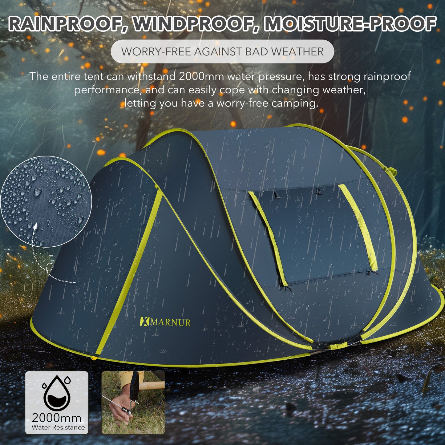 MARNUR Instant Tent 4-Person Camp Tent, Auto Setup Pop Up Tent, Waterproof, Huge Door & Windows, Dark Blue