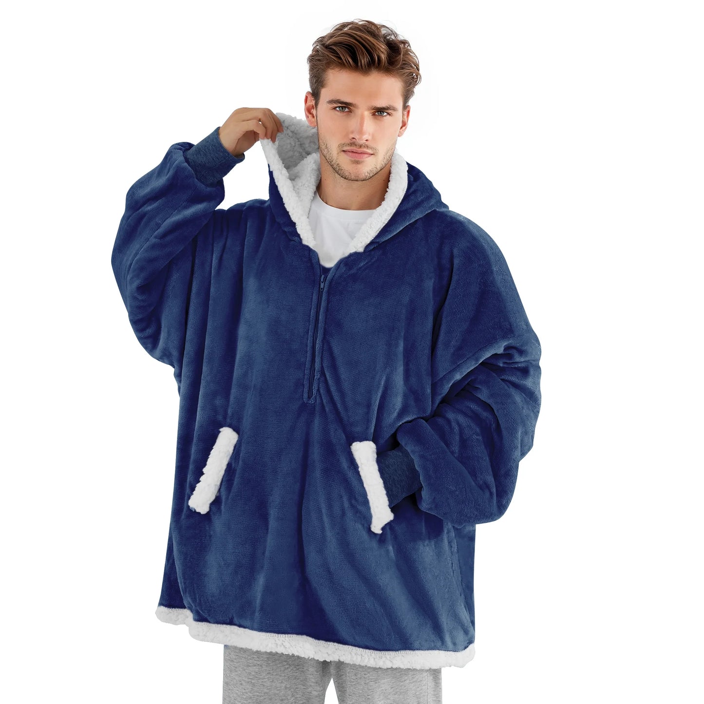 MARNUR Wearable Blanket Hoodie for Men, Women, Flannel and Shu Velvet - Dark Blue