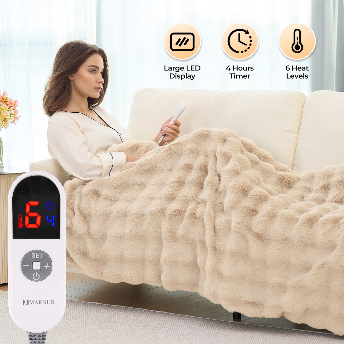 MARNUR Electric Throw Blanket 50"x60", Faux Fur Heated Throw, 6 Heating Levels, 4 Hours Timer, Khaki