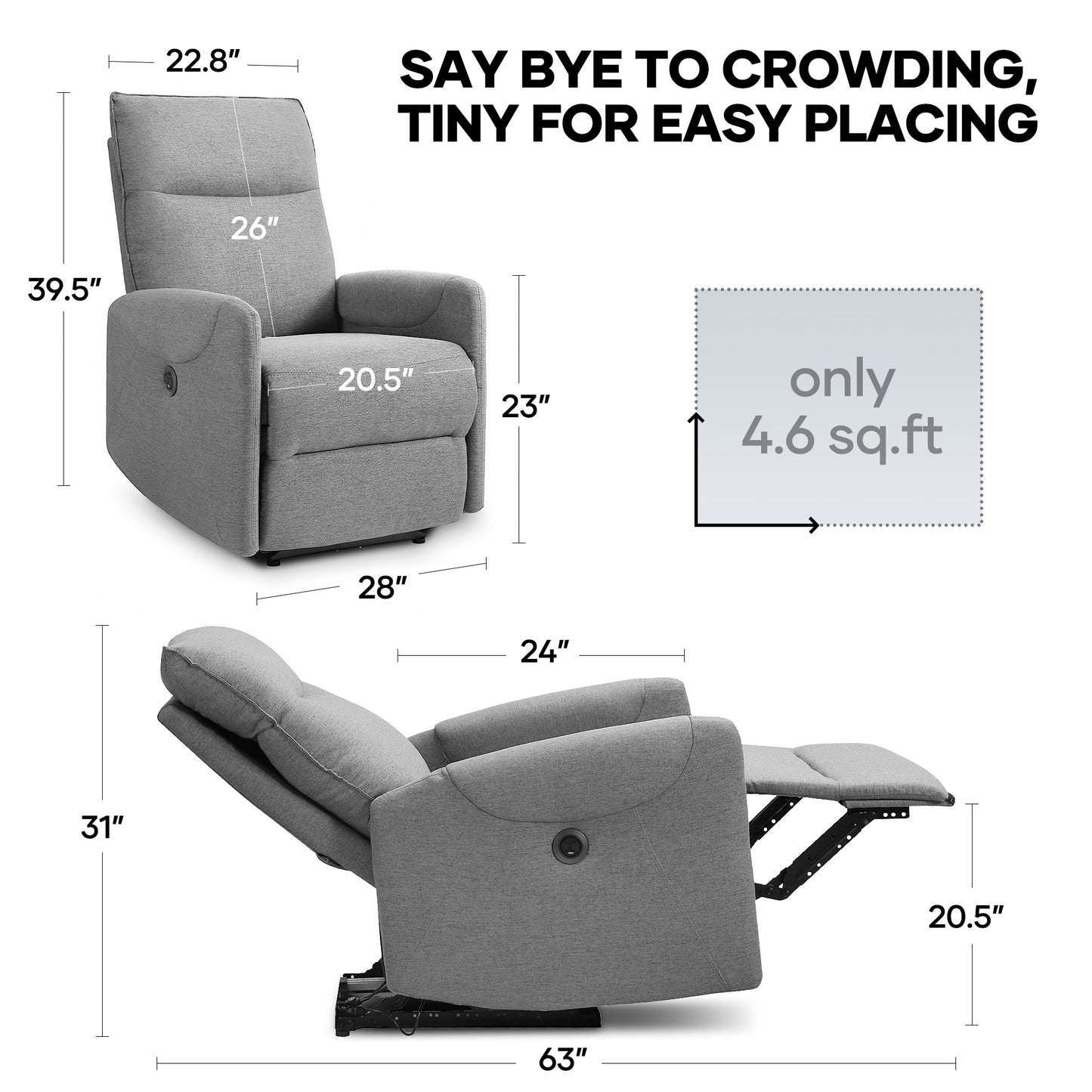MARNUR Electric Recliner Chair with USB Charge Port, Weight Capacity 360lb, One Button Free Control Angle, Gray
