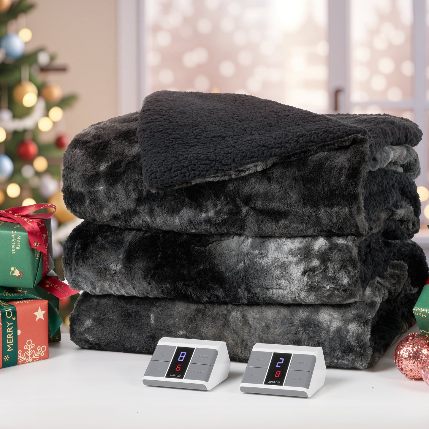 MARNUR Heated Blanket Queen Size, Faux Fur & Sherpa, Dual Controllers, 10 Heat Levels, 10H Timer, 84" x 90", Tie-Dye Black