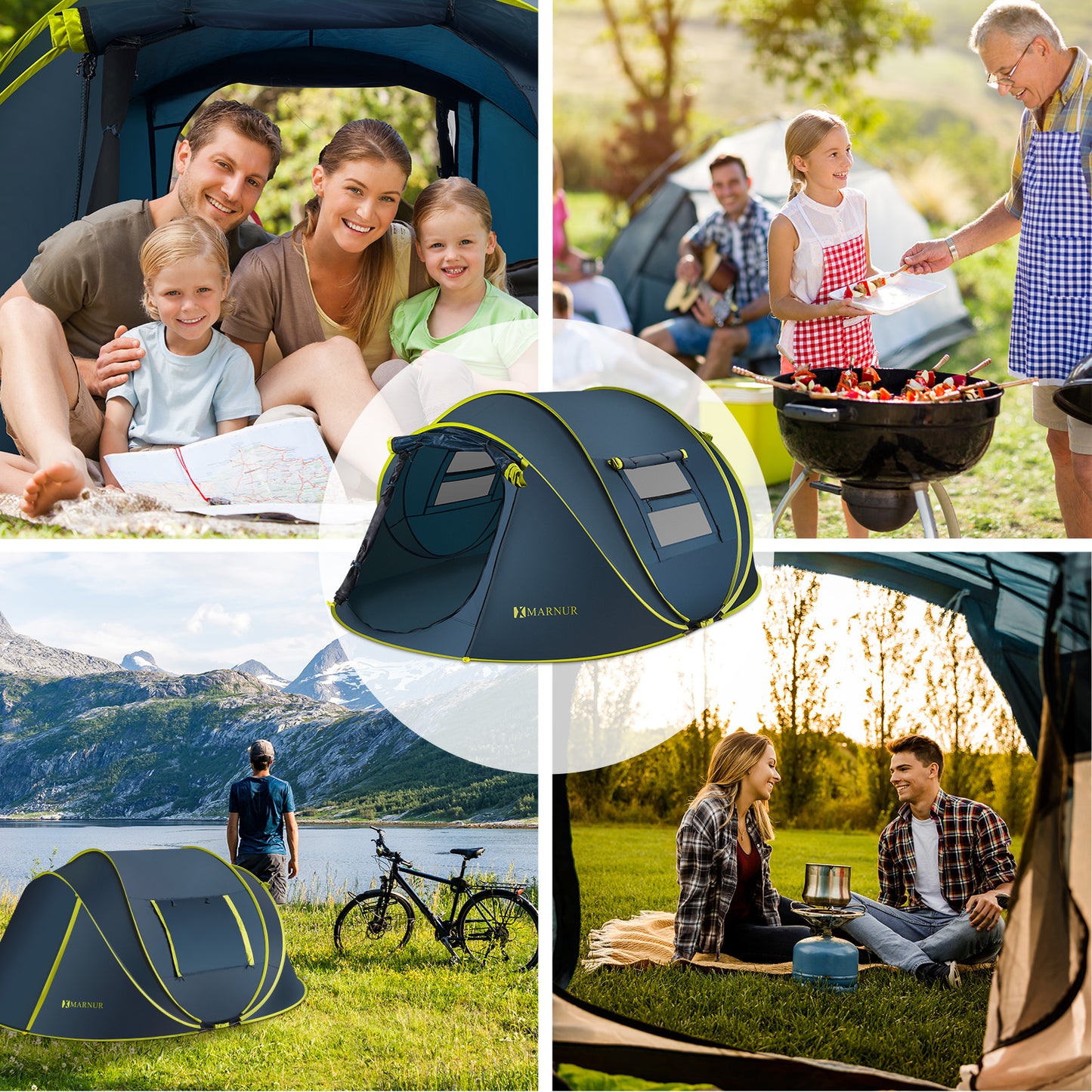 MARNUR Instant Tent 4-Person Camp Tent, Auto Setup Pop Up Tent, Waterproof, Huge Door & Windows, Dark Blue