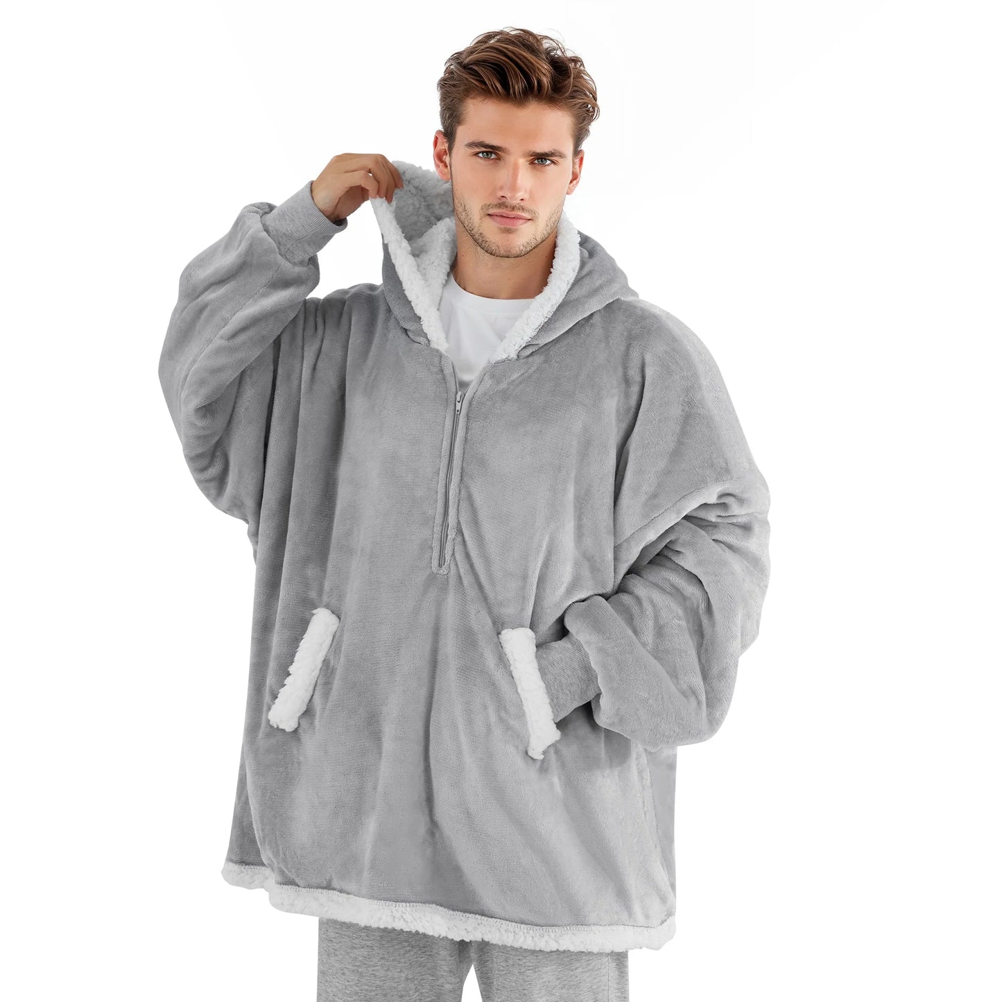 MARNUR Wearable Blanket Hoodie for Men, Women, Flannel and Shu Velvet - Gray