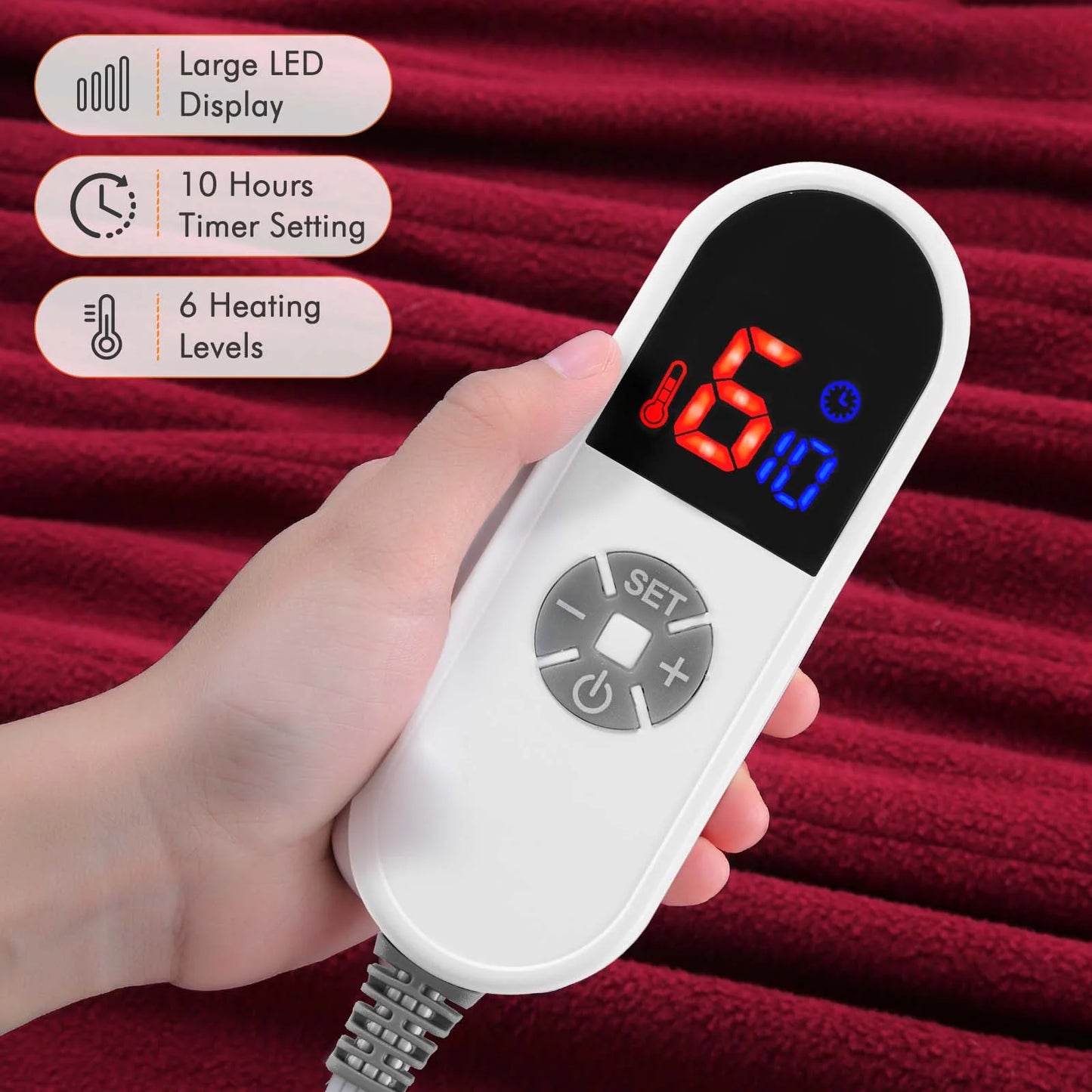 MARNUR Electric Heated Blanket Polar Fleece Full Size 72''x 84'' with 6 Heating Levels 10H Timer Machine Washable - Red