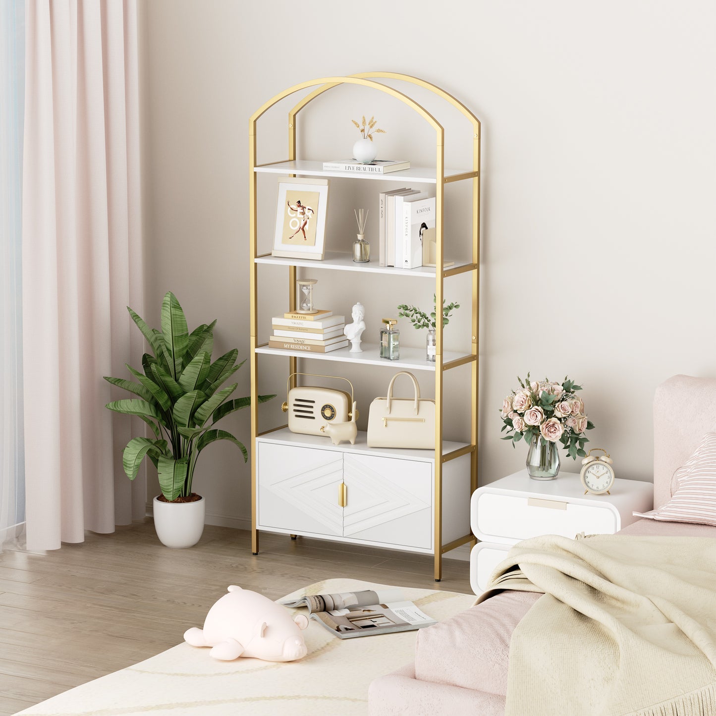 MARNUR 5-Tier Bookshelf, 71" Tall Bookcase with Storage Cabinet, Elegant Arched Gold Bookcase for Living Room Bedroom Home Office