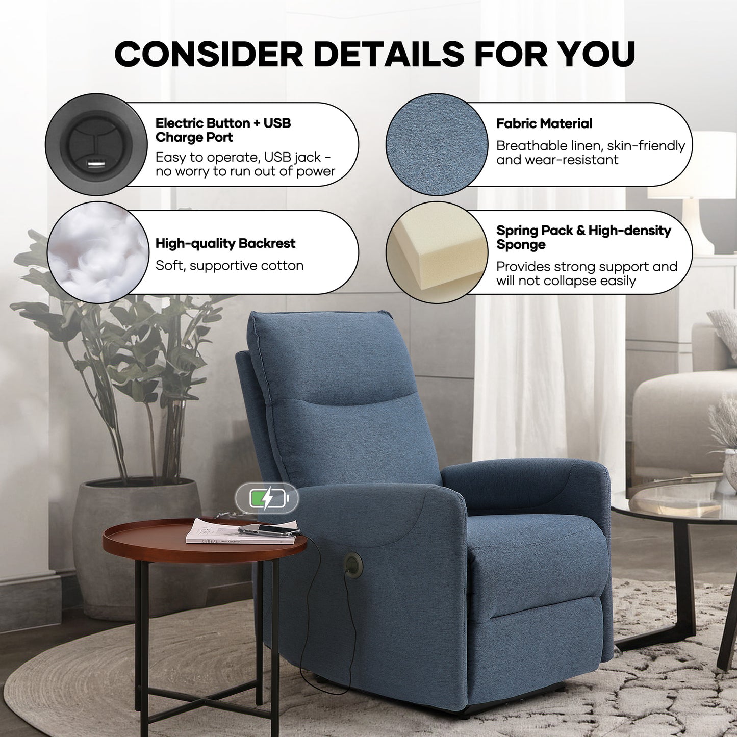 MARNUR Electric Recliner Chair with USB Charge Port, Weight Capacity 360lb, One Button Free Control Angle, Fluffy Plush Backrest, Linen, Blue