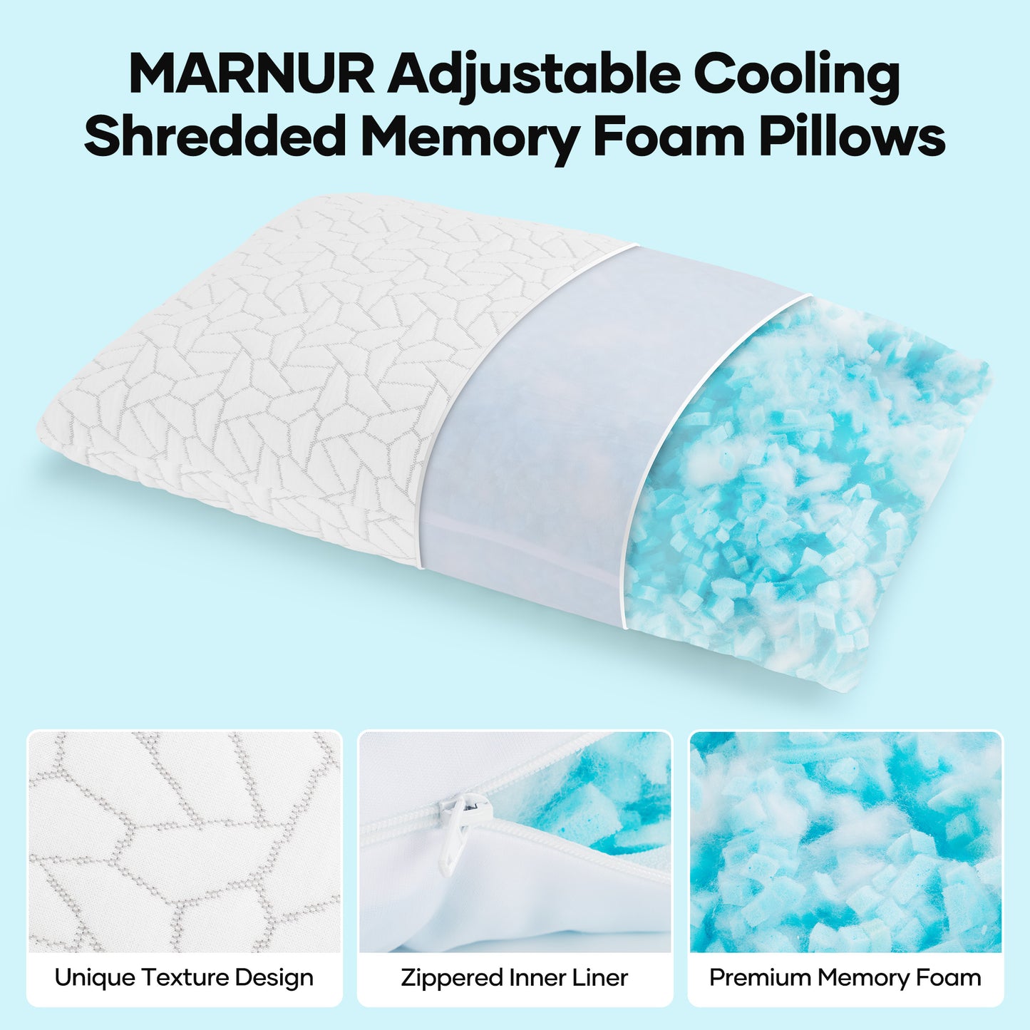 MARNUR Memory Foam Pillows for bed Queen Size, Height Adjustable Cooling Pillows for All Sleepers with Extra Shredded Foam, Dual-Sided Pillow Cover,2-Pack