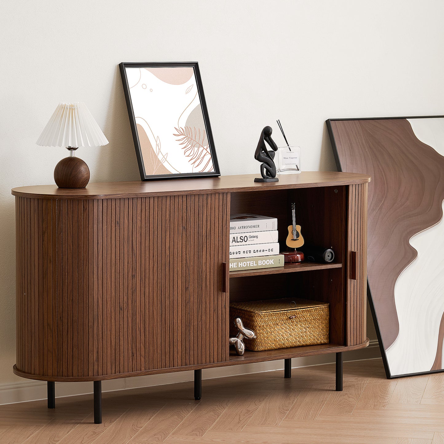 MARNUR TV Stand for TVs up to 60" with 2 Sliding Tambour Doors, Storage and Shelves, Walnut