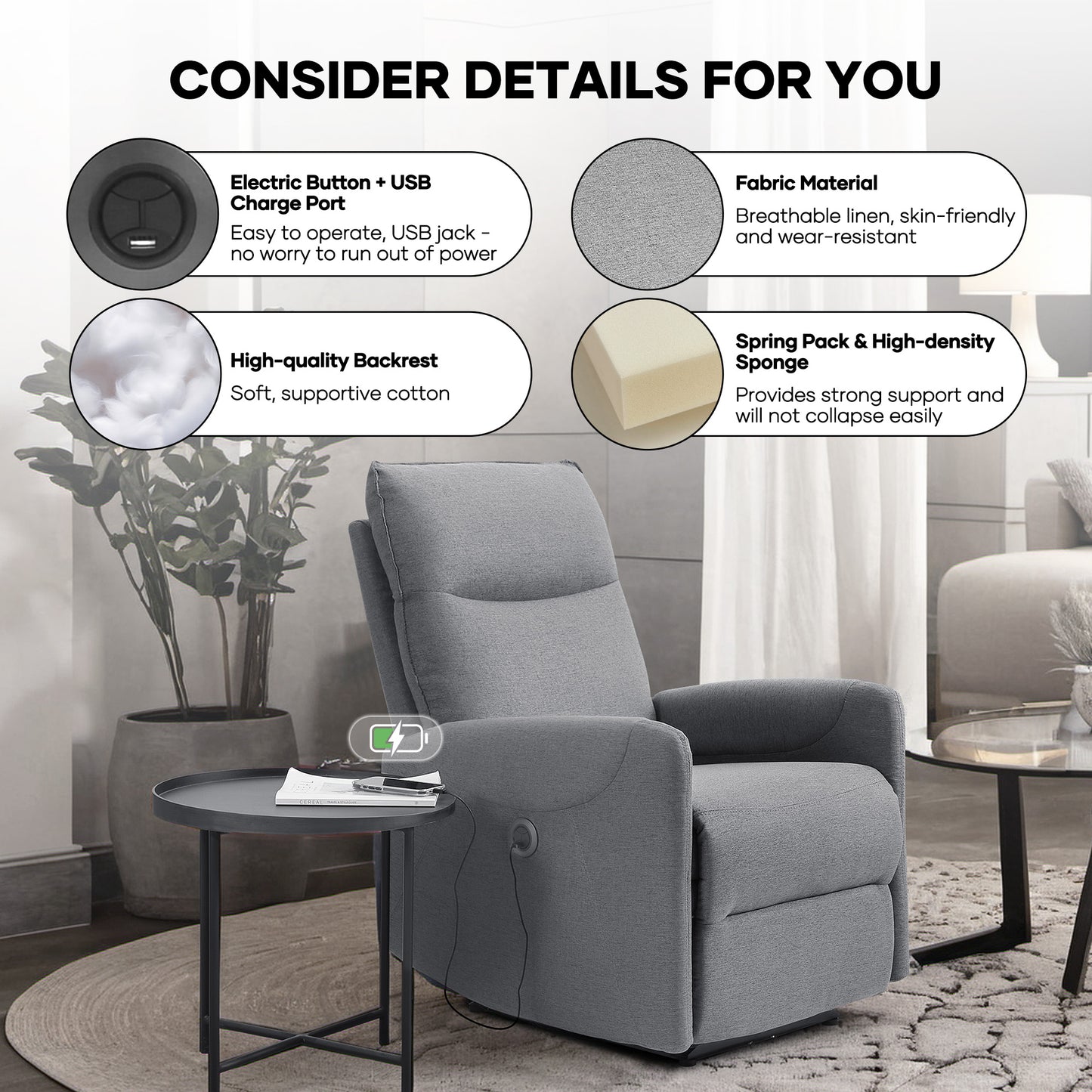 MARNUR Electric Recliner Chair with USB Charge Port, Weight Capacity 360lb, One Button Free Control Angle, Gray