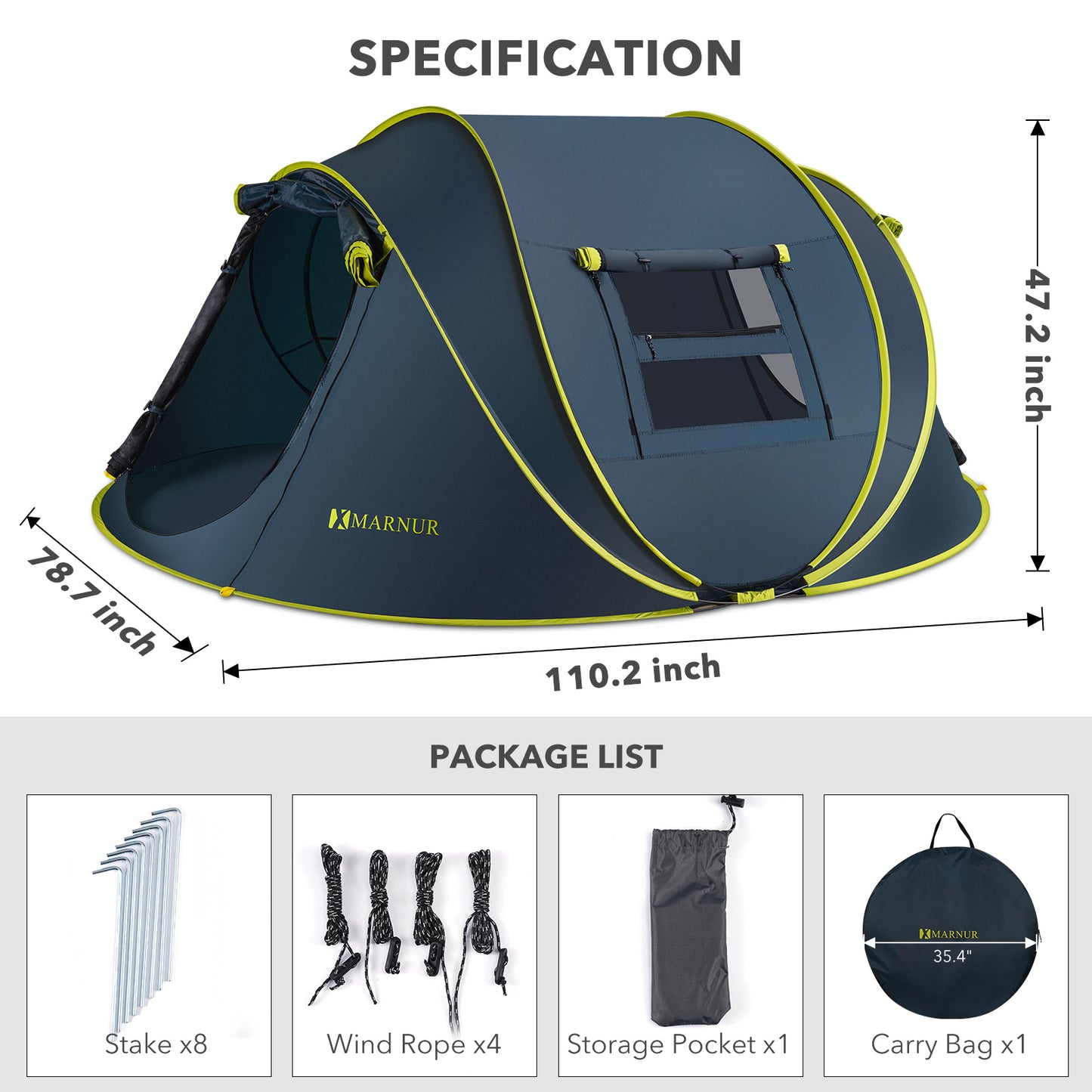 MARNUR Instant Tent 4-Person Camp Tent, Auto Setup Pop Up Tent, Waterproof, Huge Door & Windows, Dark Blue