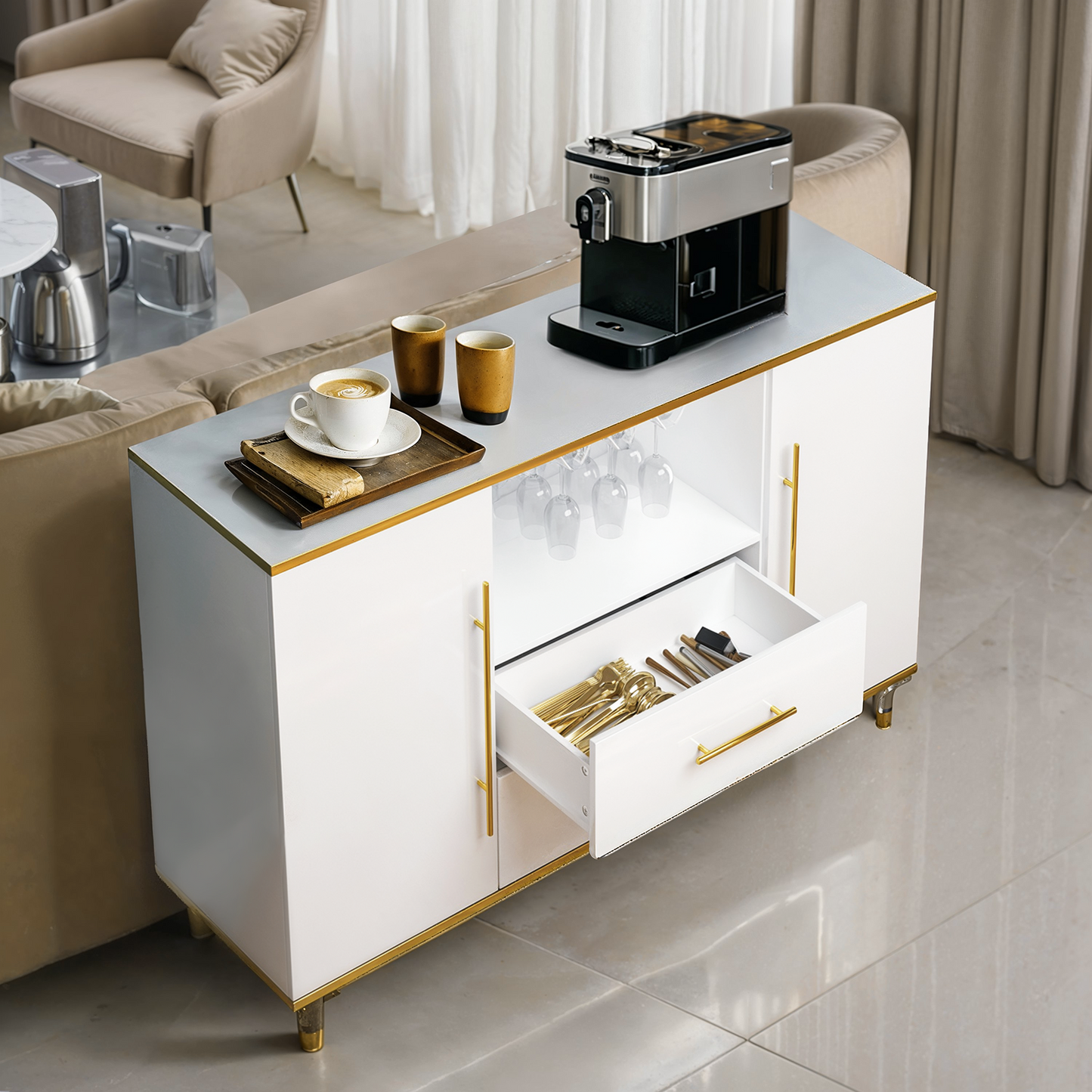 MARNUR Wine Bar Cabinet 55" Sideboard Buffet Cabinet 2-Door 2-Drawer for Kitchen Dining Room Living Room, White