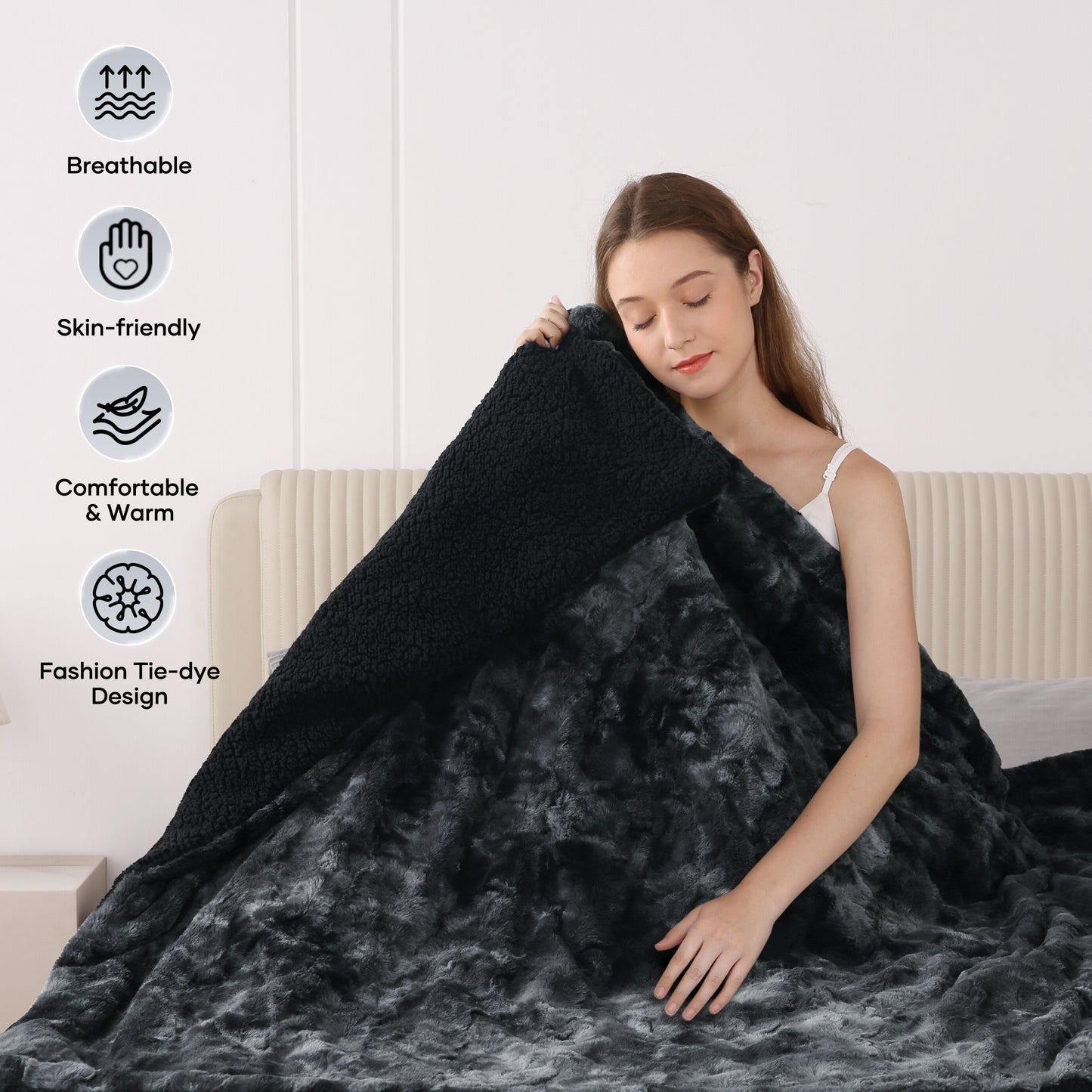 MARNUR Electric Throw Blanket 50" x 60", Soft Faux Fur Heated Blanket with Large LED Display, 6 Heating Levels, 4 Hours Timer, Machine Washable - Tie-dye Black