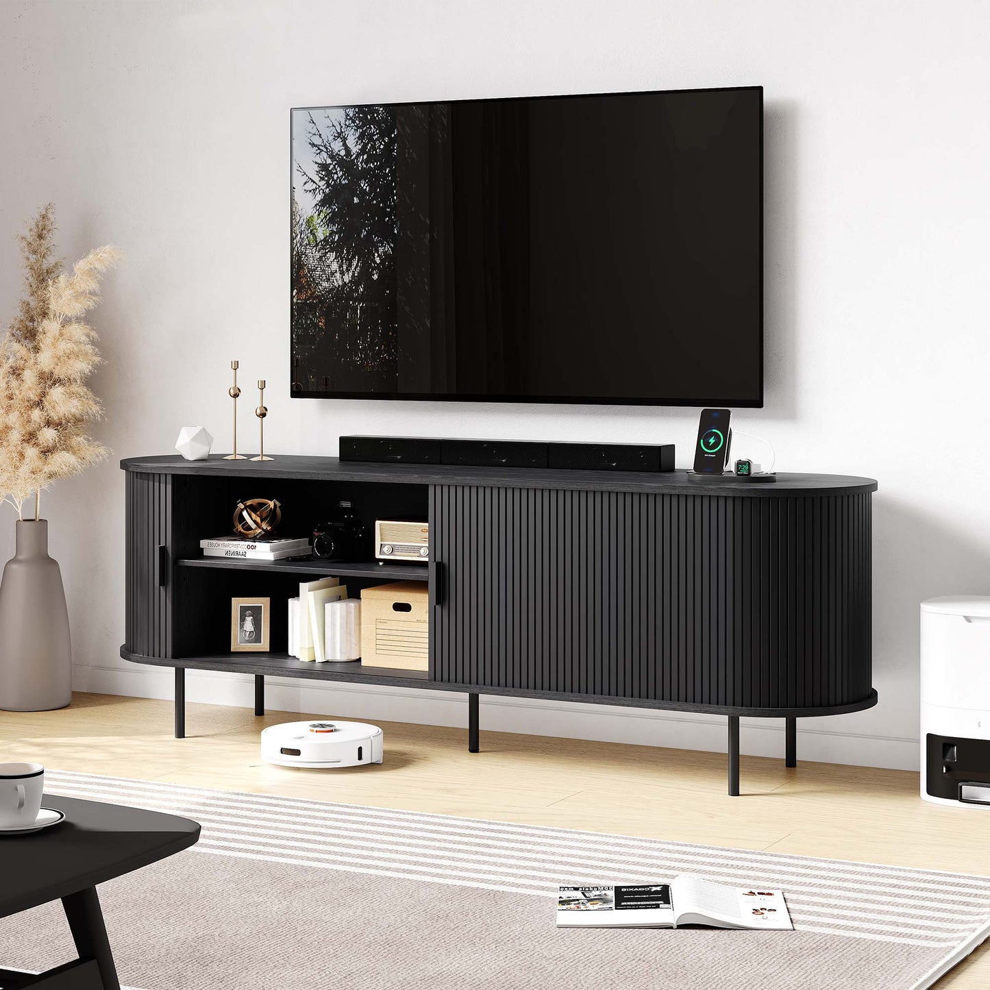 MARNUR 63" TV Stand for 70" TV, Wood Entertainment Center with Storage and Shelves, 2 Sliding Tambour Doors, Mid-Century Modern, Black