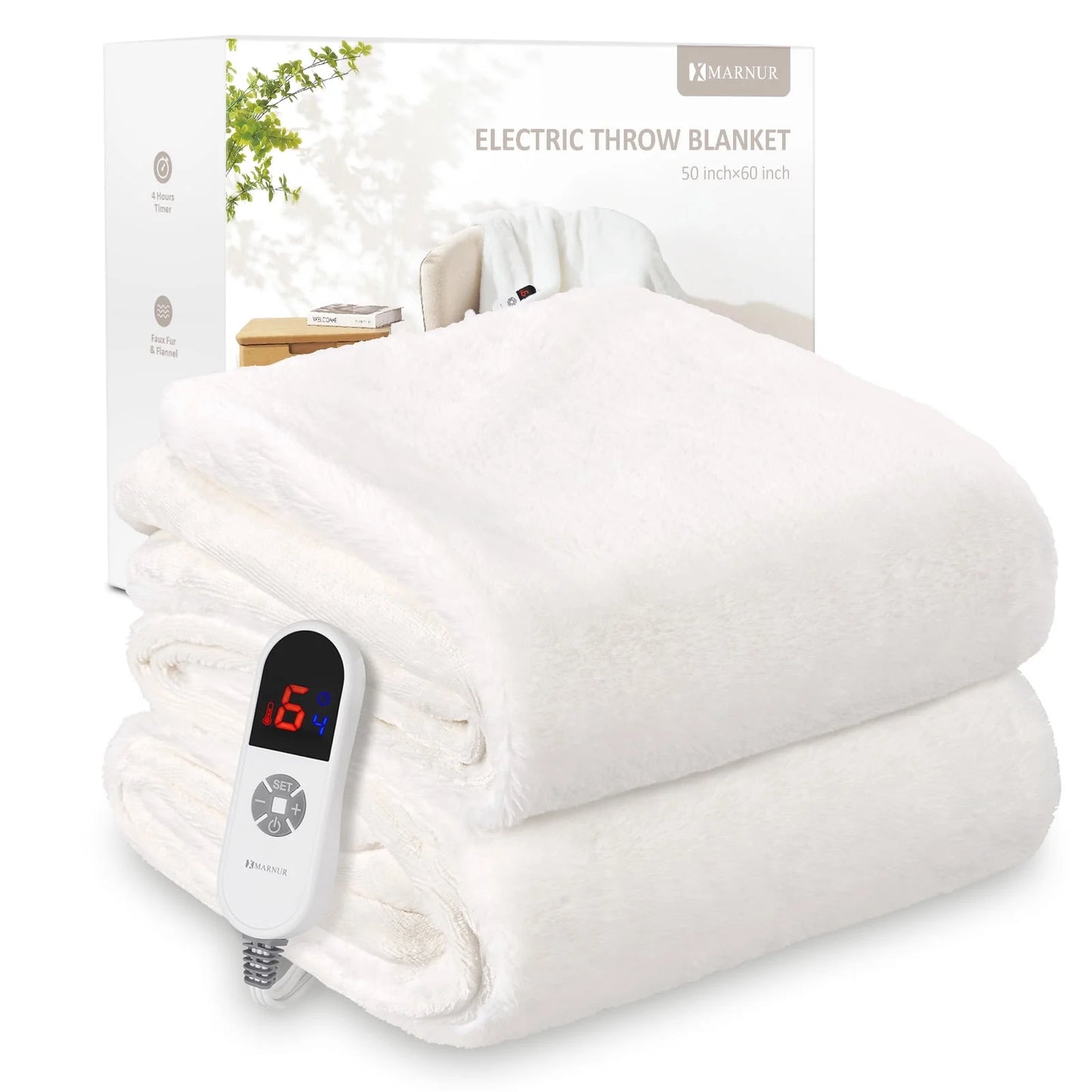 MARNUR 50"x60" Electric Blanket, Soft Faux Fur, 6 Heating Levels, 4-Hour Timer, White
