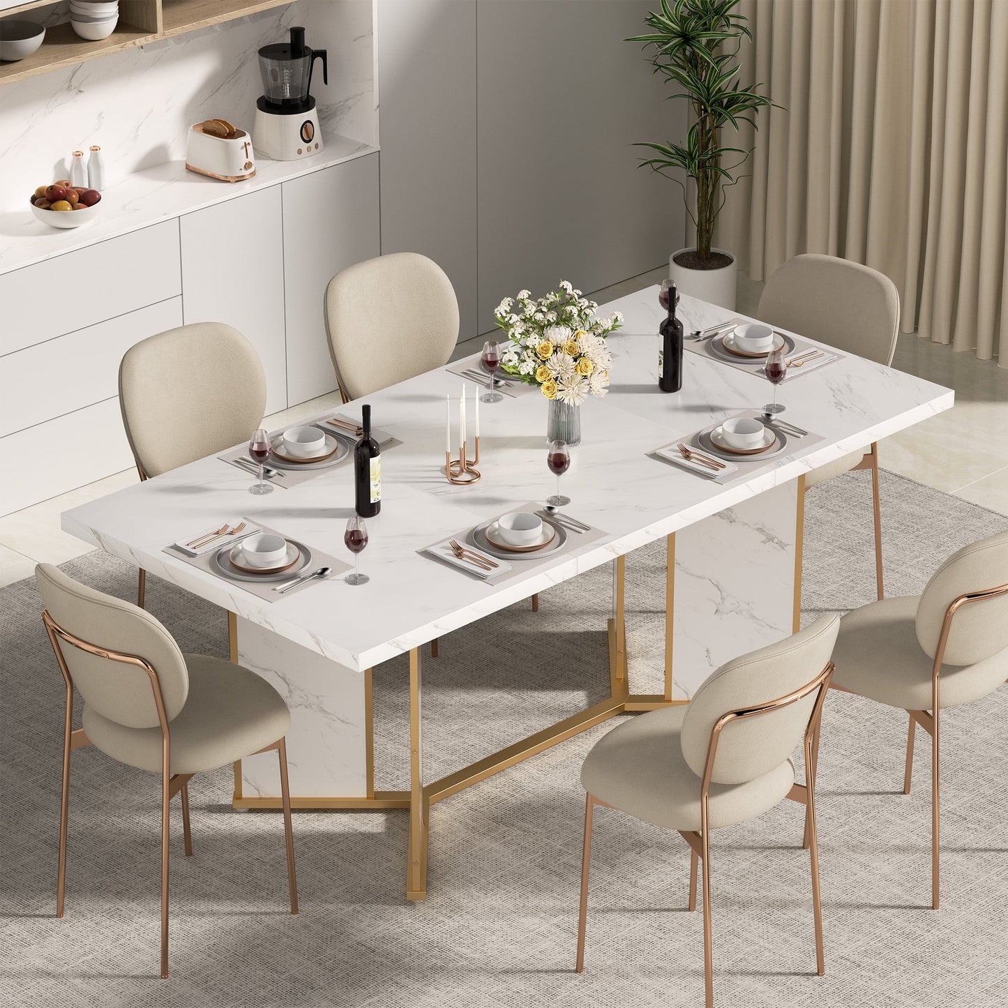 MARNUR 71" Modern Kitchen Rectangular Dining Table for 4-8 Person, Heavy Duty Metal Leg, Faux Marble Top (Only Table)