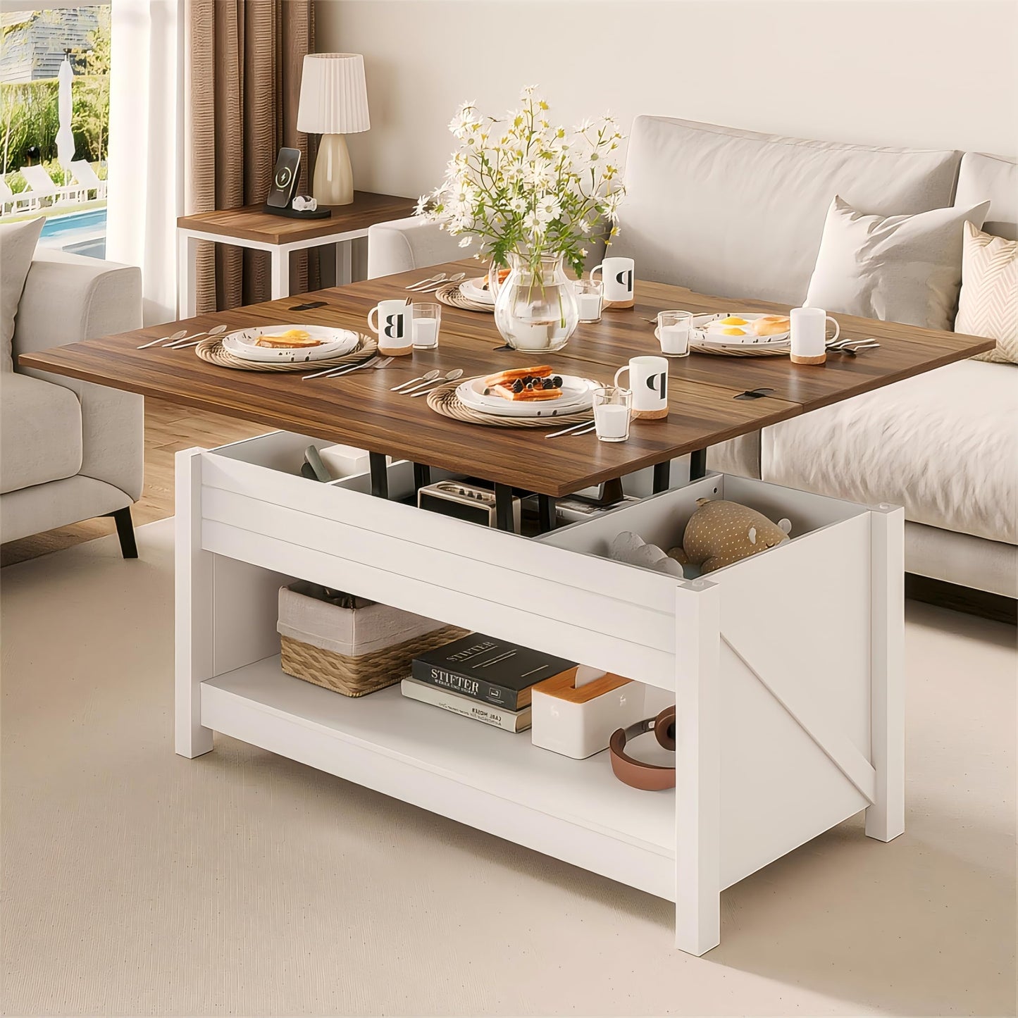 MARNUR Lift Top Coffee Table with Storage, Farmhouse Center Table for Living Room, Rectangle