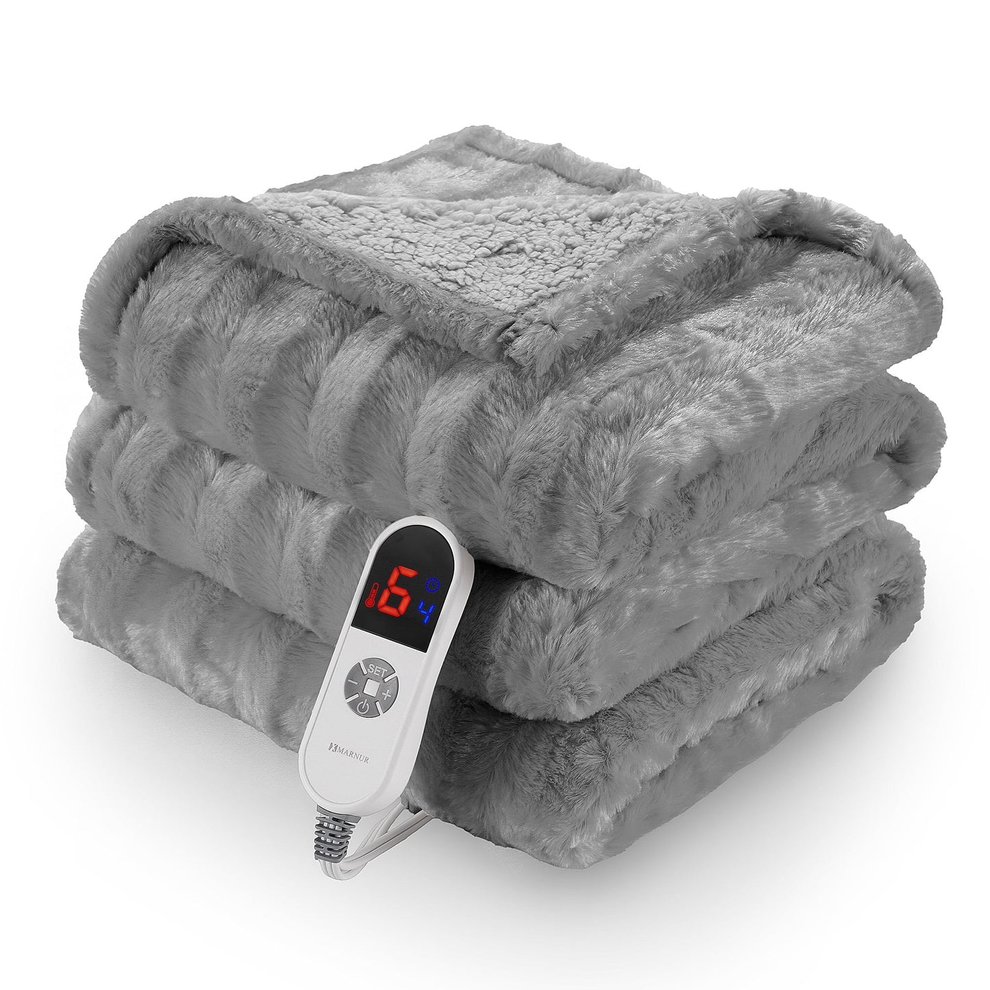 MARNUR Electric Throw Blanket Extra Large Size, 60" x 70" Soft Faux Fur Heated Blanket, 6 Heating Levels, 4 Hours Timer - Gray