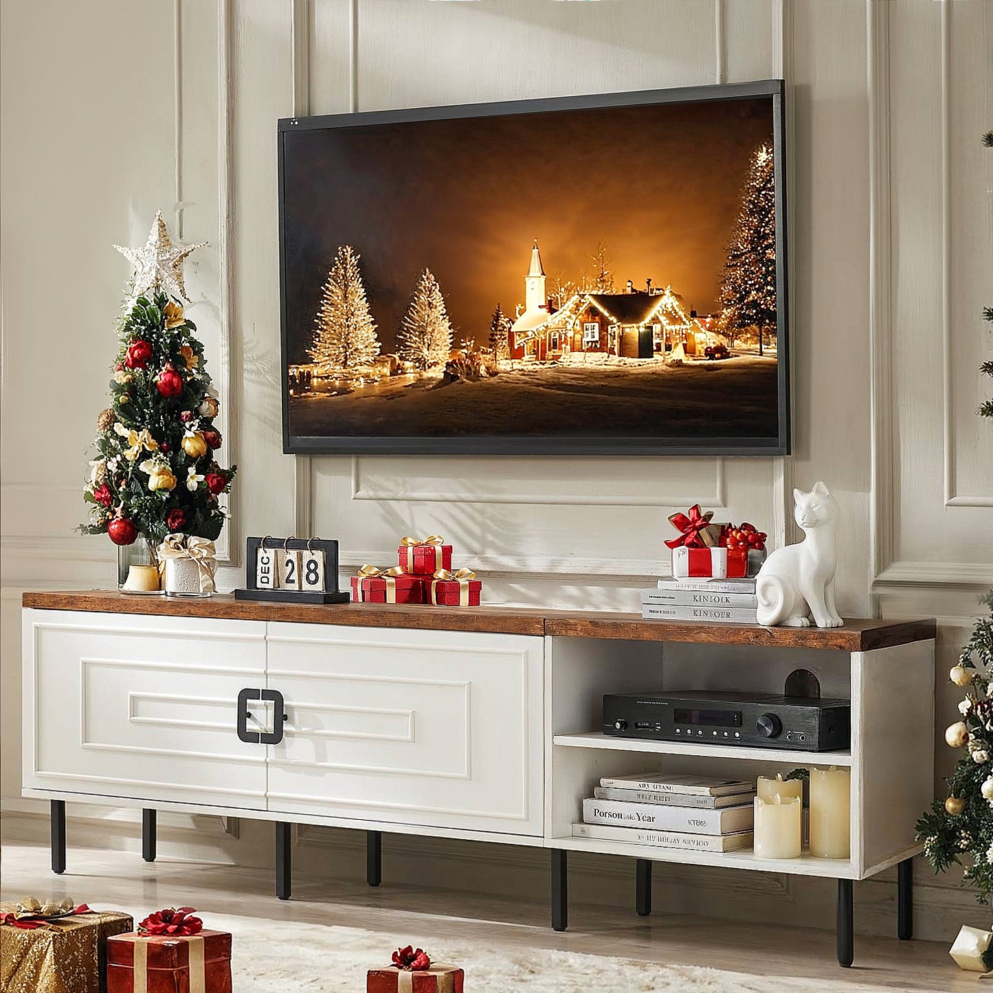 MARNUR 71" TV Stand for TVs up to 80", Entertainment Center with Storage for Living Room, Farmhouse Style, White