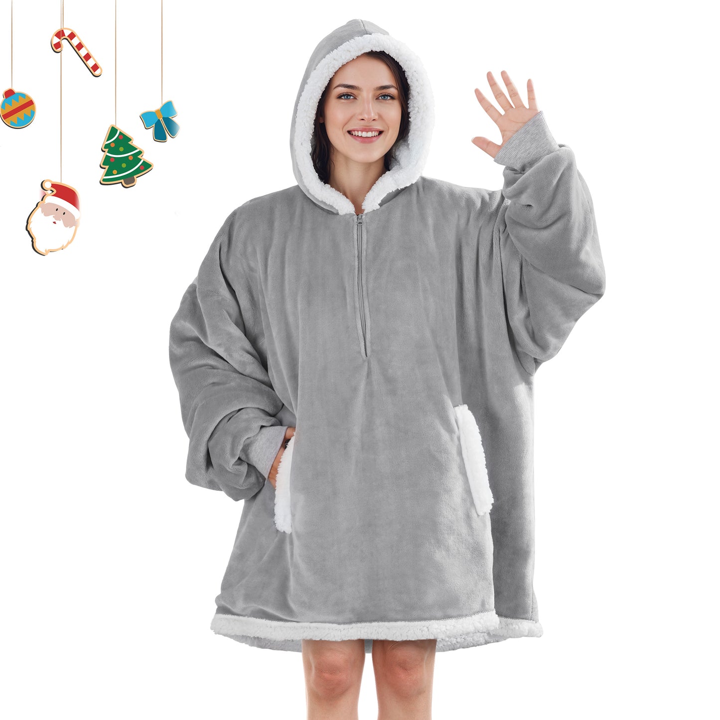MARNUR Wearable Blanket Hoodie for Men, Women, Flannel and Shu Velvet - Gray