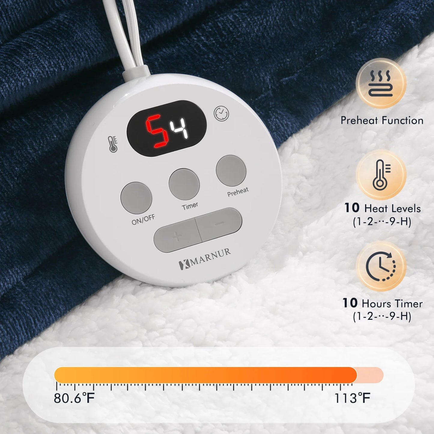 MARNUR Electric Heated Blanket King Size 90''x100'', Fast Heating with Dual Controllers, 10 Heating Levels, 10H Timers, Preheat Function - Dark Blue