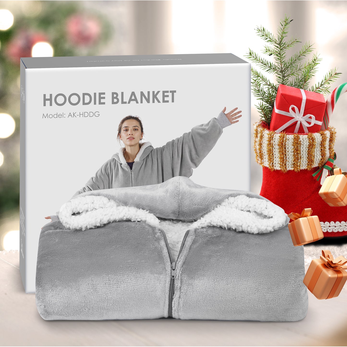 MARNUR Wearable Blanket Hoodie for Men, Women, Flannel and Shu Velvet - Gray