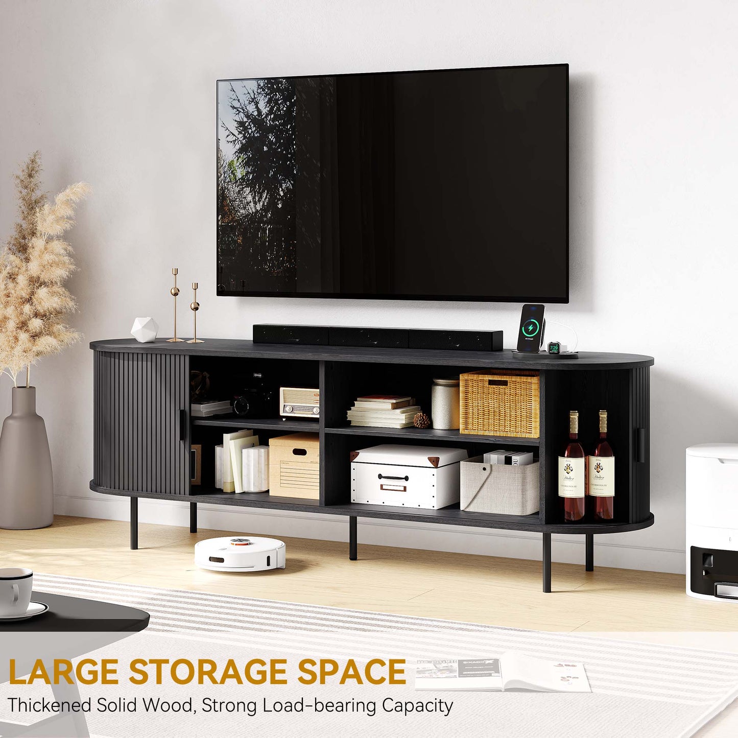 MARNUR 63" TV Stand for 70" TV, Wood Entertainment Center with Storage and Shelves, 2 Sliding Tambour Doors, Mid-Century Modern, Black